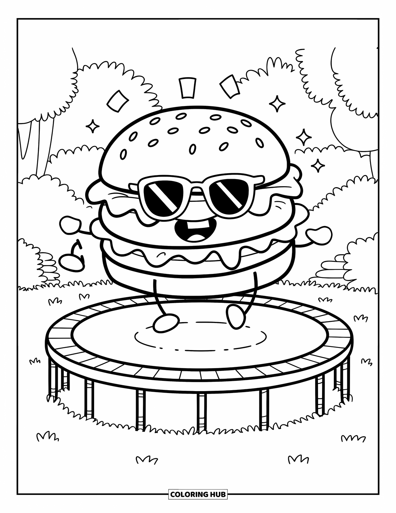 Cheeseburger Coloring Page for Adults: A cheeseburger in sunglasses bouncing on a trampoline with a playful outdoor background