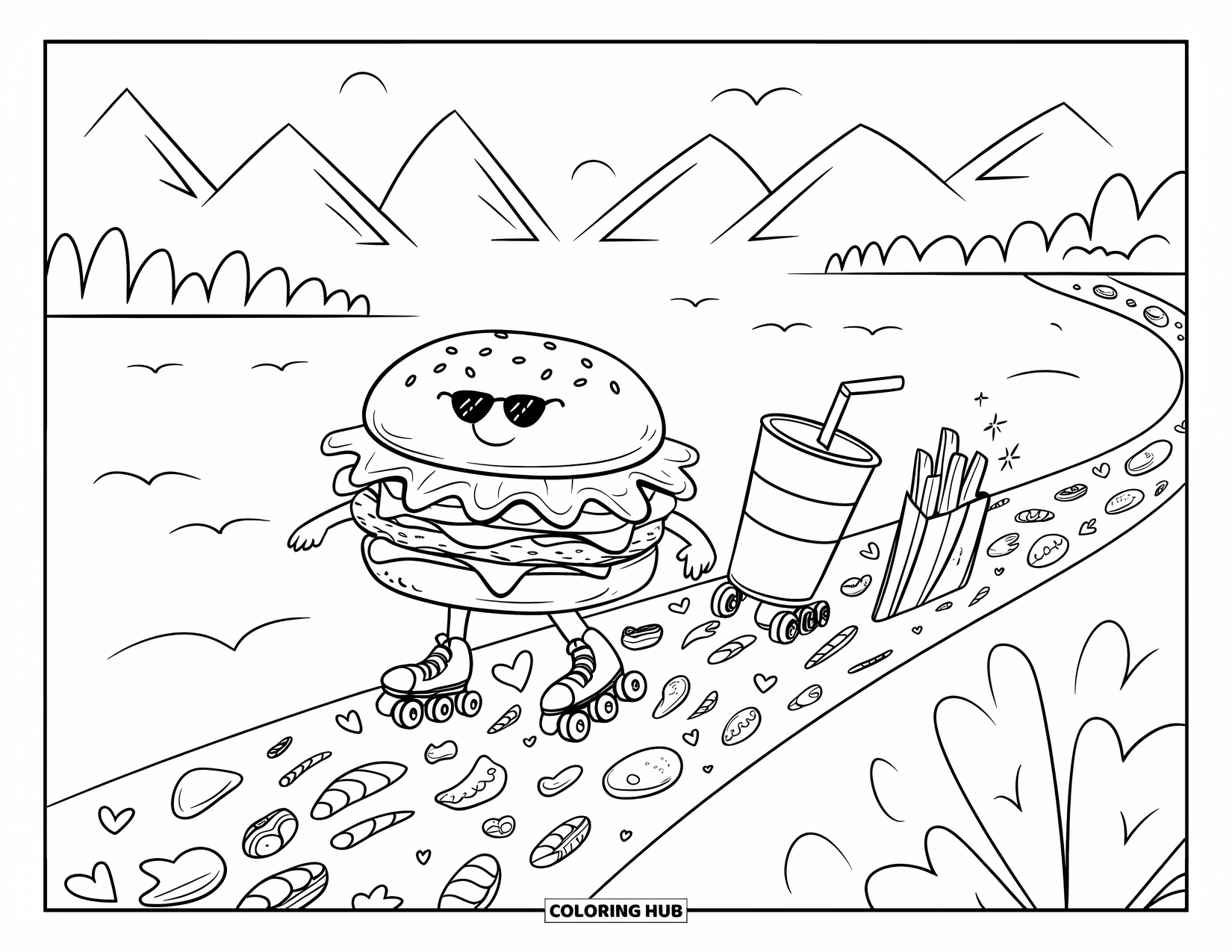 Cheeseburger Coloring Page for Adults: A cheeseburger in sunglasses roller-skating with fries and soda in a playful landscape