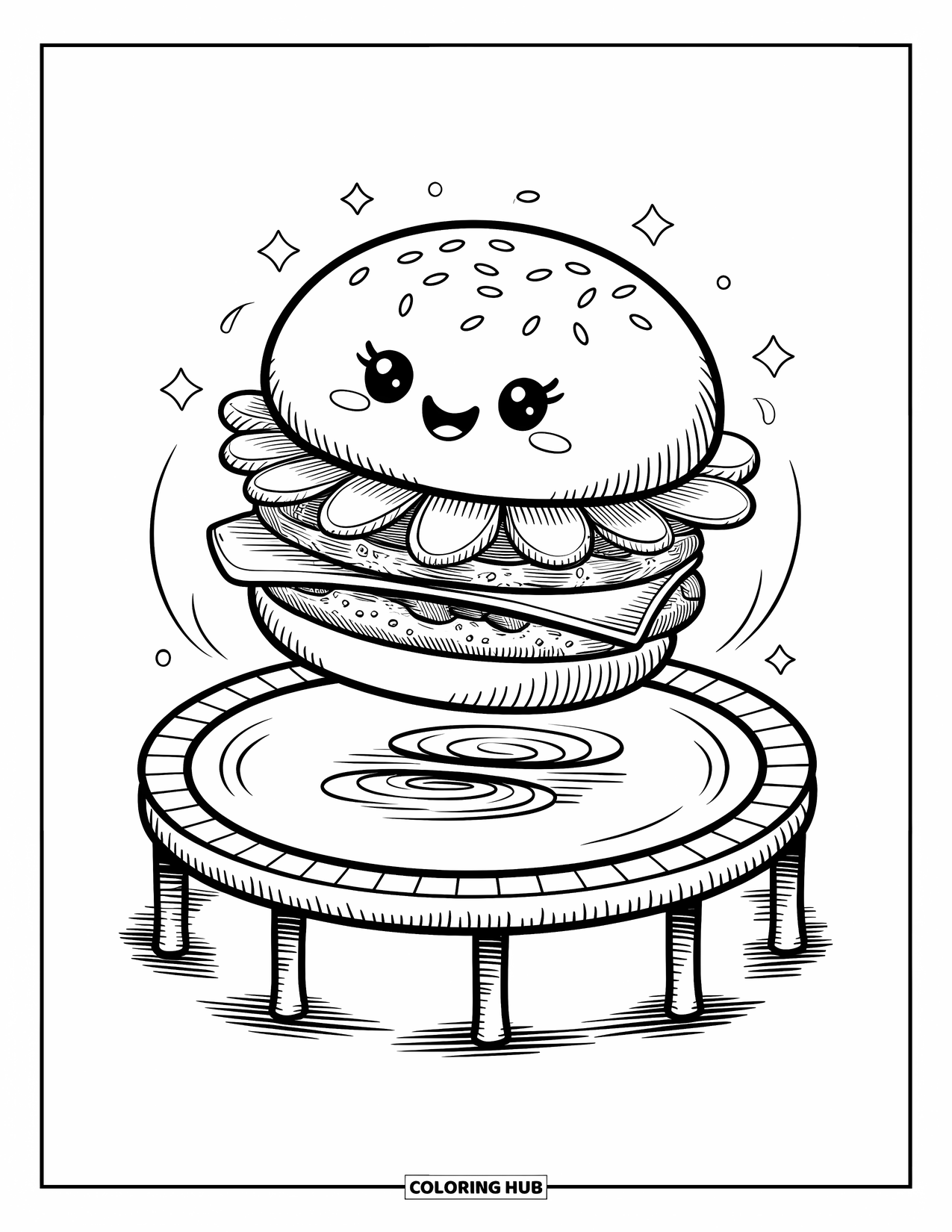 Cheeseburger Coloring Page for Adults: A cheeseburger joyfully bouncing on a trampoline with toppings shifting mid-air