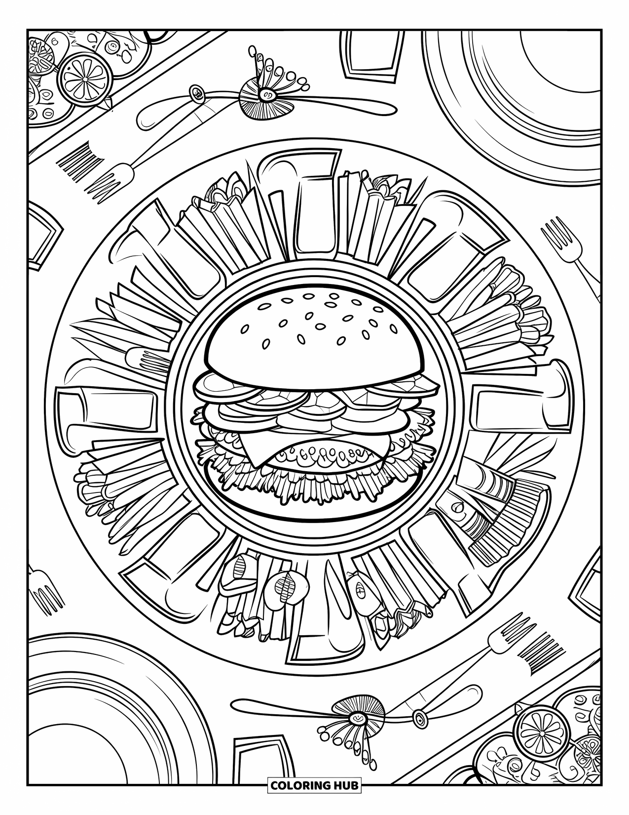 Cheeseburger Coloring Page for Adults: A cheeseburger mandala with a circle of fries, drinks, and elegant decorative elements