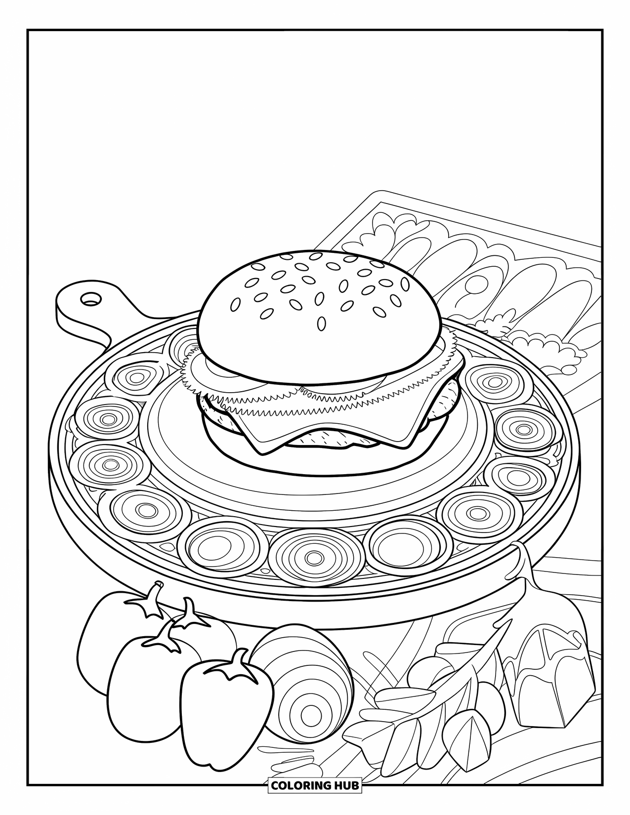 Cheeseburger Coloring Page for Adults: A cheeseburger on a cutting board with intricate vegetable patterns for a relaxing coloring experience