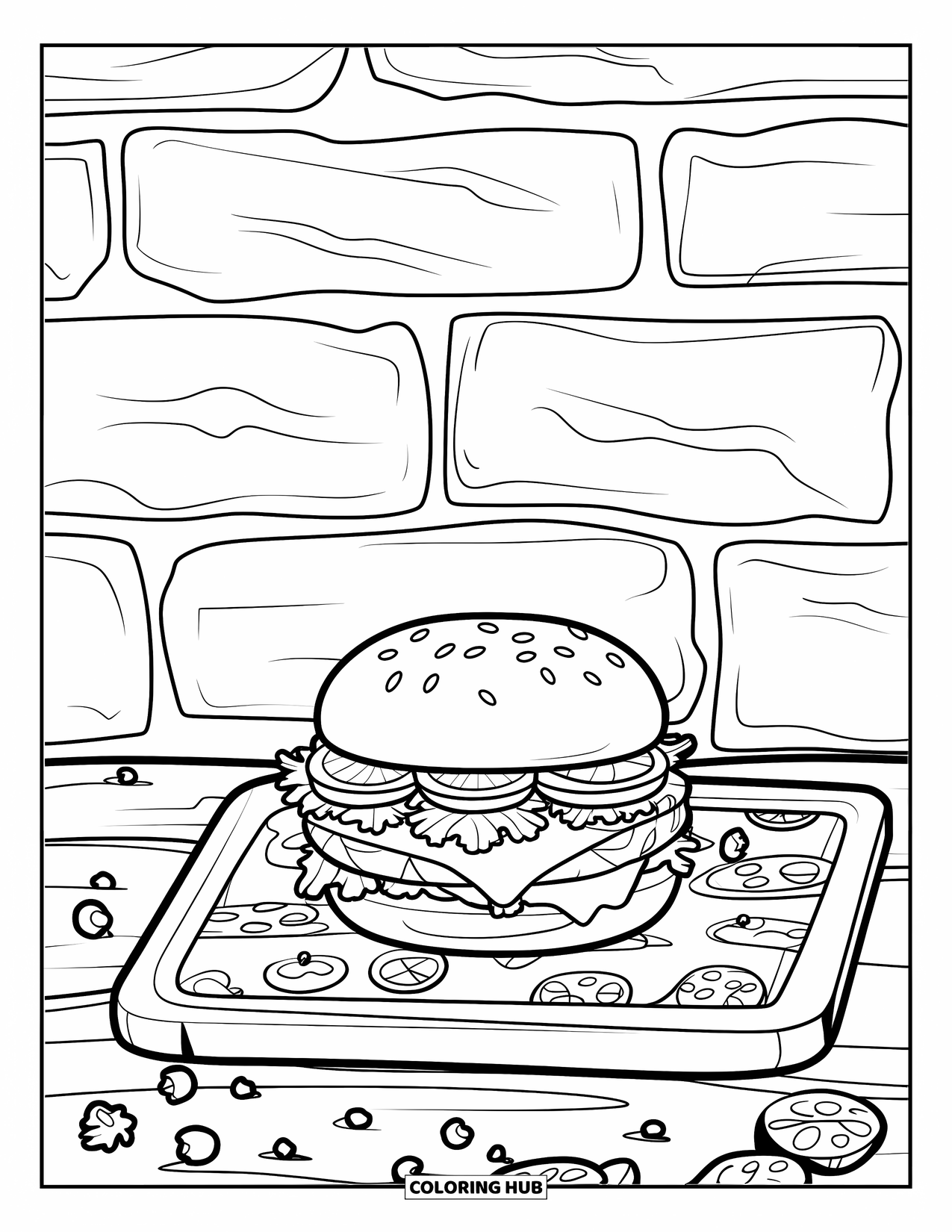Cheeseburger Coloring Page for Adults: A cheeseburger on a rustic wooden board with a background of fresh vegetables and brick textures