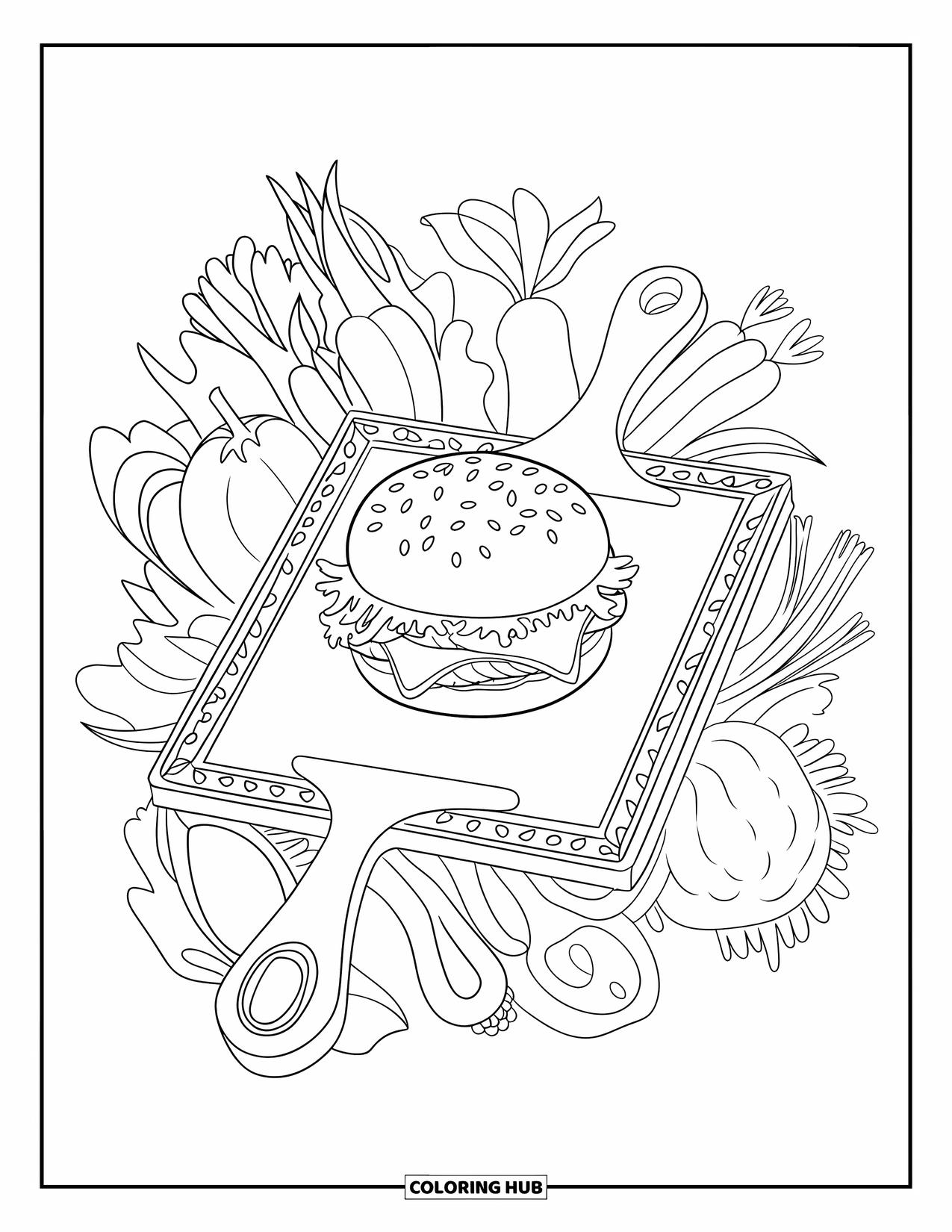 Cheeseburger Coloring Page for Adults: A cheeseburger on a wooden cutting board with decorative vegetable patterns around it