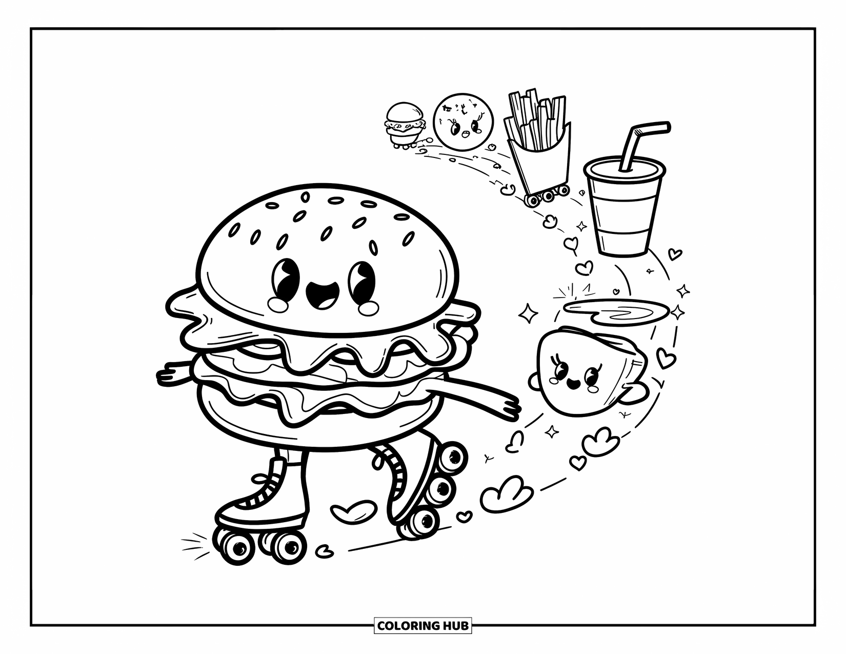 Cheeseburger Coloring Page for Adults: A cheeseburger on roller skates zooming down a path with mini fries and a soda