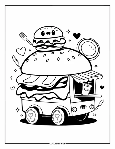Fargeleggingsark med osteburgere for voksne: En osteburgformet foodtruck med en vennlig burgermaskot og små hjertepyntede hjul