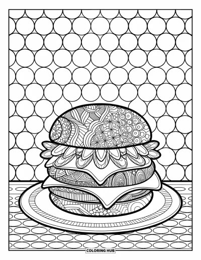 Fargeleggingsark med osteburgere for voksne: En osteburg med detaljerte zentangle-mønstre på en tallerken med dekorativ bakgrunn