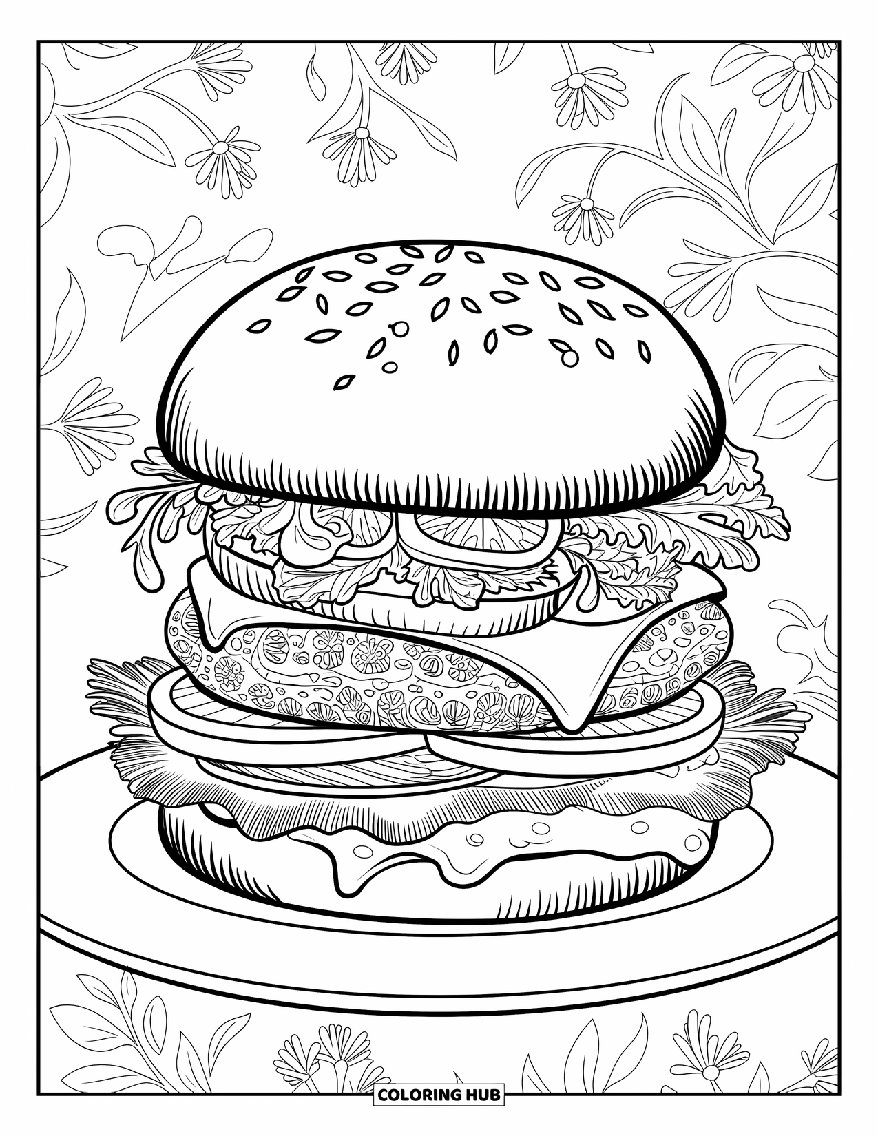 Cheeseburger Coloring Page for Adults: A cheeseburger with elegant floral designs, featuring rich textures and a creative border