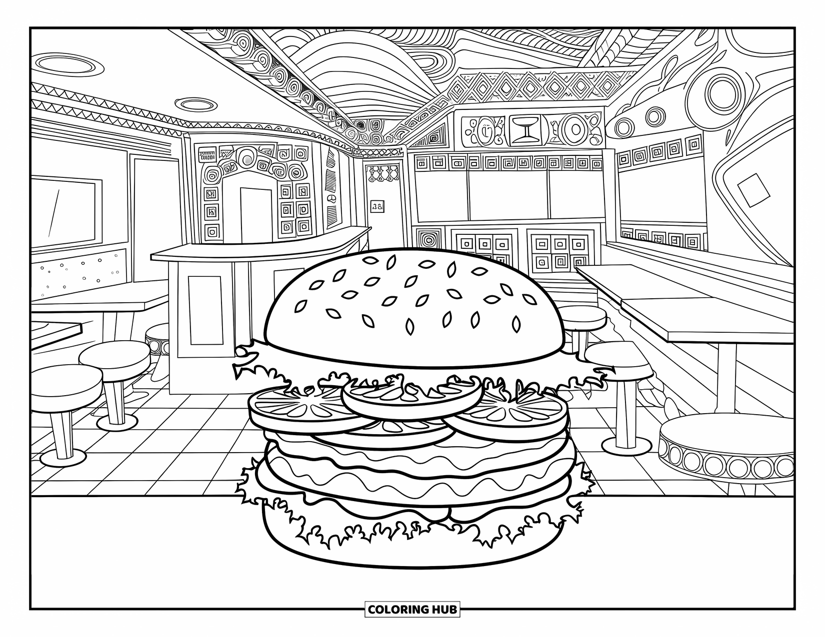 Cheeseburger Coloring Page for Adults: A cheeseburger with lettuce and tomato on a plate, set in a detailed 1950s diner scene