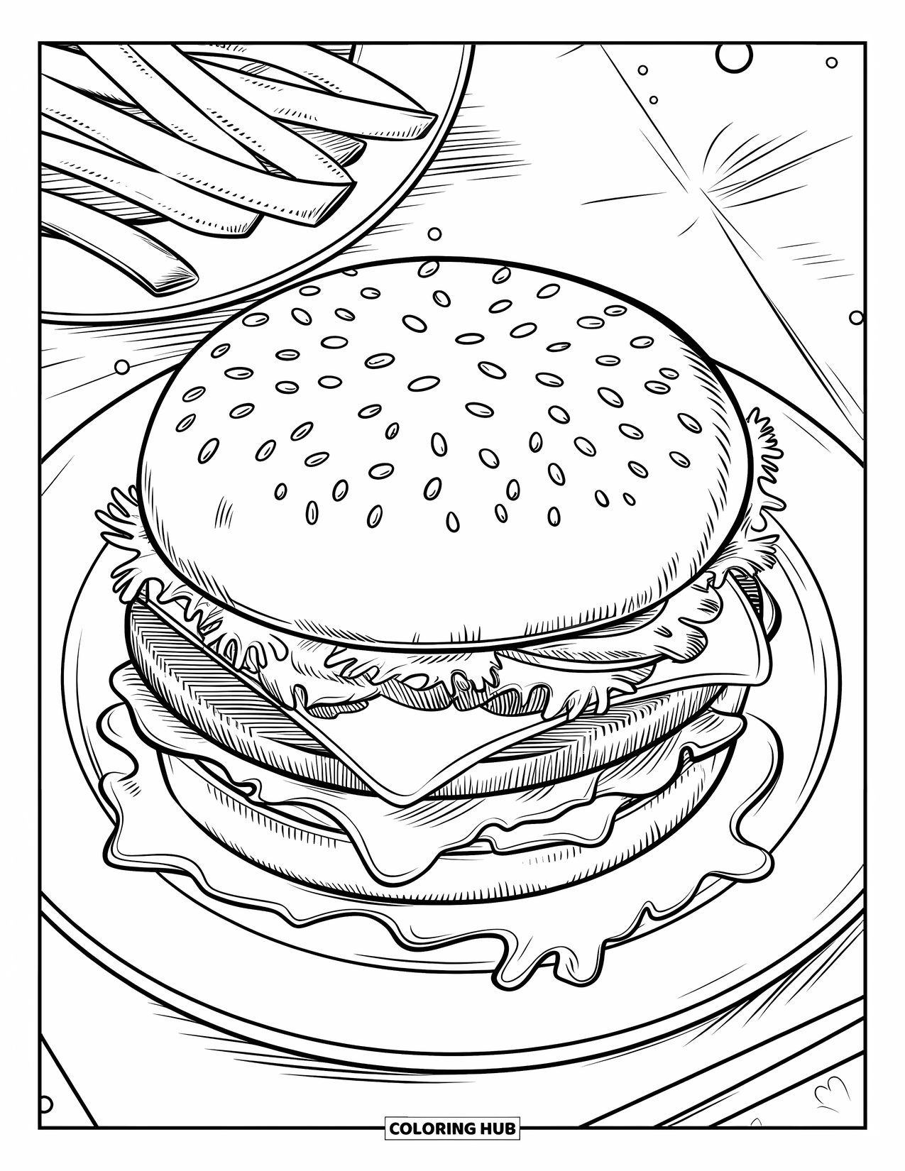 Cheeseburger Coloring Page for Adults: A cheeseburger with rich textures, grill marks, and melted cheese, placed on a plate with fries