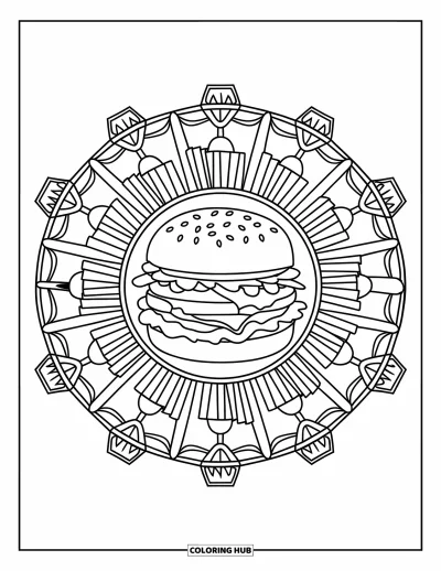 Fargeleggingsark med osteburgere for voksne: Et matinspirert mandala med en osteburg, pommes frites og drikker innenfor en dekorativ ramme