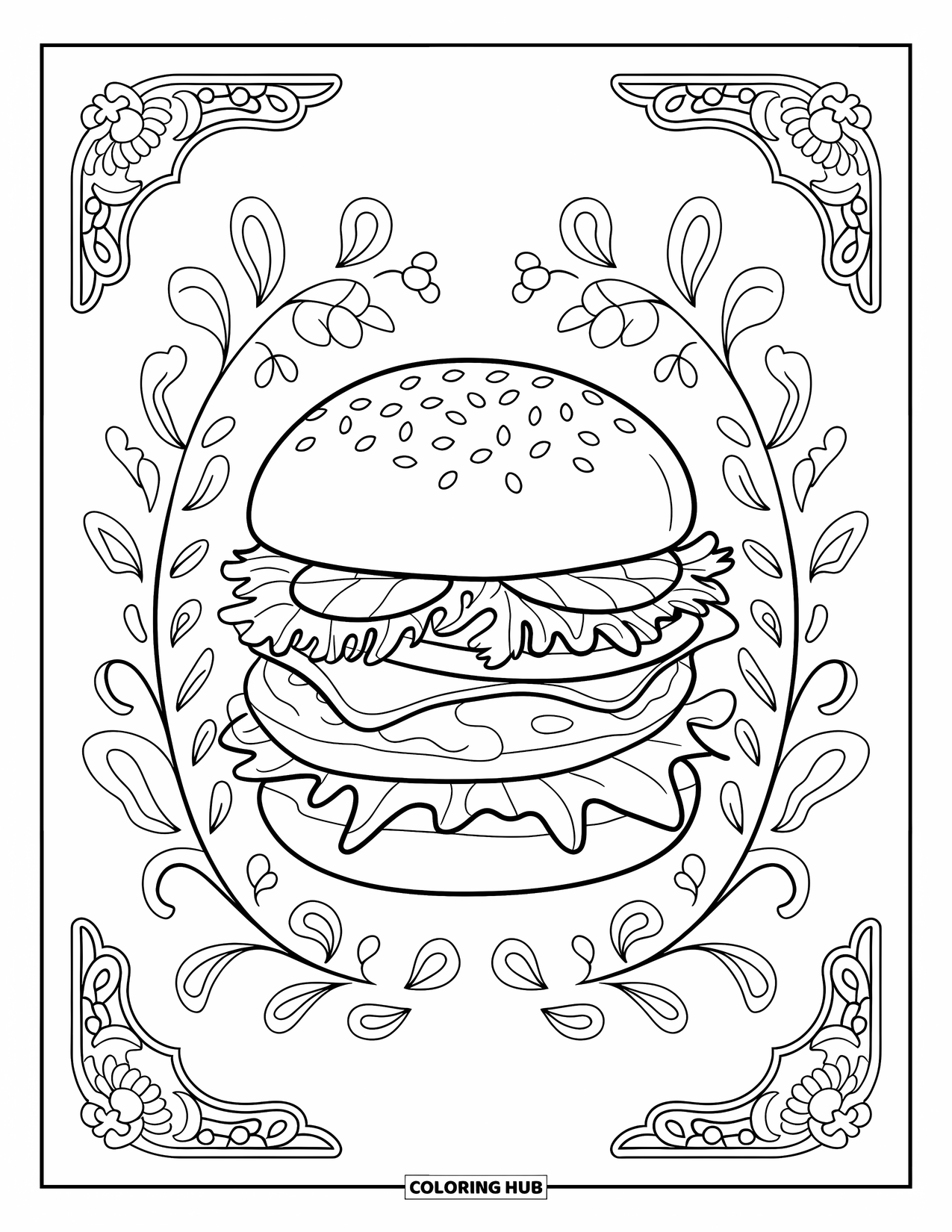Cheeseburger Coloring Page for Adults: A gourmet cheeseburger surrounded by delicate floral patterns in an artistic illustration