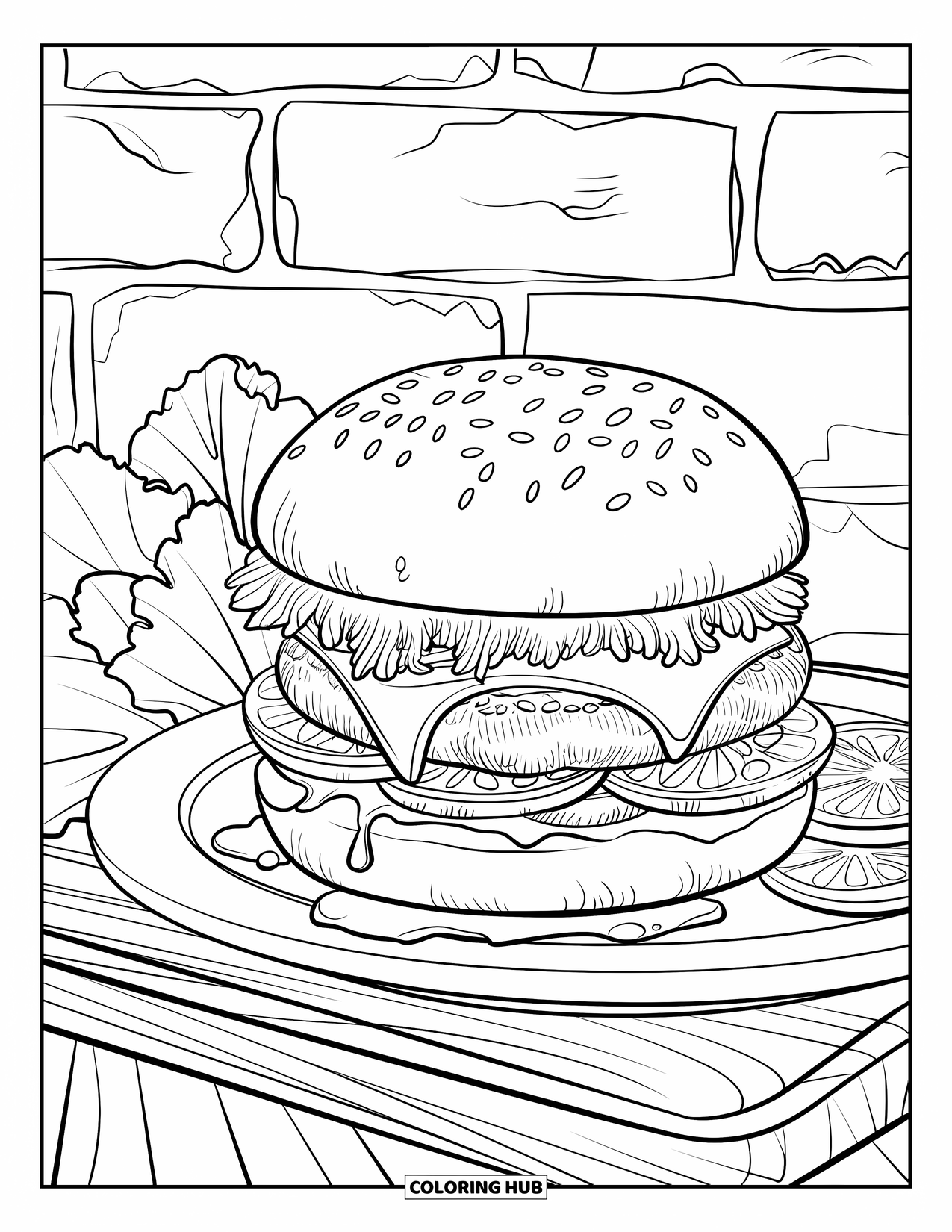 Cheeseburger Coloring Page for Adults: A hyper-detailed cheeseburger with grill marks, cheese drips, and fresh toppings on a wooden board
