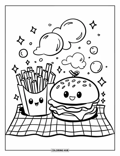 Fargeleggingsark med osteburgere for voksne: En kawaii-osteburg og pommes frites på en drømmende piknik med flytende stjerner og gnister