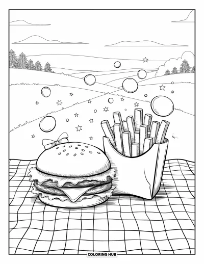 Fargeleggingsark med osteburgere for voksne: En kawaii-osteburg og pommes frites på et piknikpledd med bølgende åser og en fjern horisont