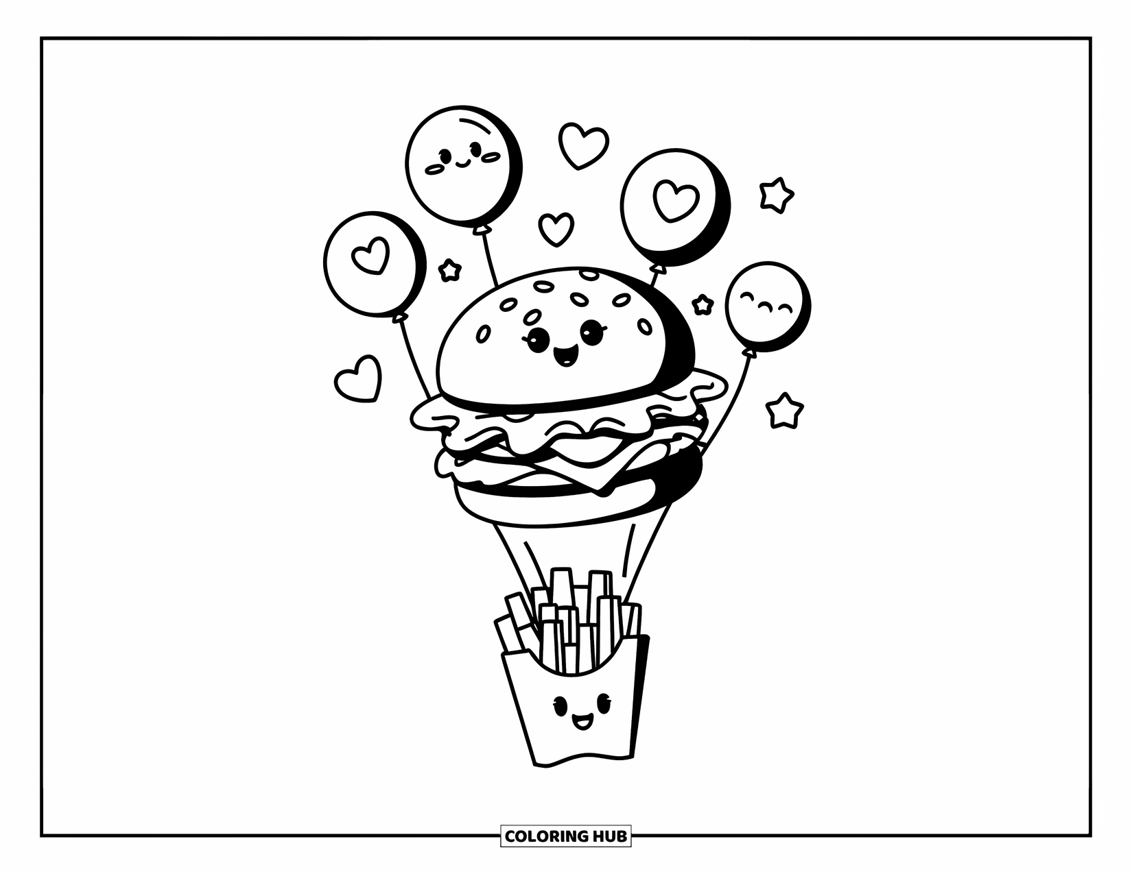 Cheeseburger Coloring Page for Adults: A kawaii cheeseburger floating with balloons decorated with hearts and tiny burger faces