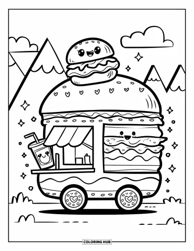 Fargeleggingsark med osteburgere for voksne: En kawaii-foodtruck formet som en gigantisk osteburg med en vinkende drikkebeger og glinsende hjul