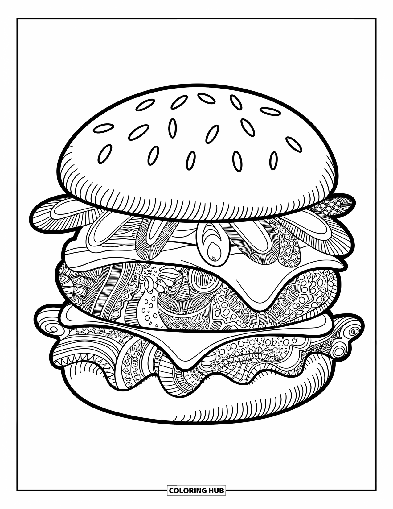 Cheeseburger Coloring Page for Adults: A zentangle-style cheeseburger with intricate patterns for a relaxing and creative experience