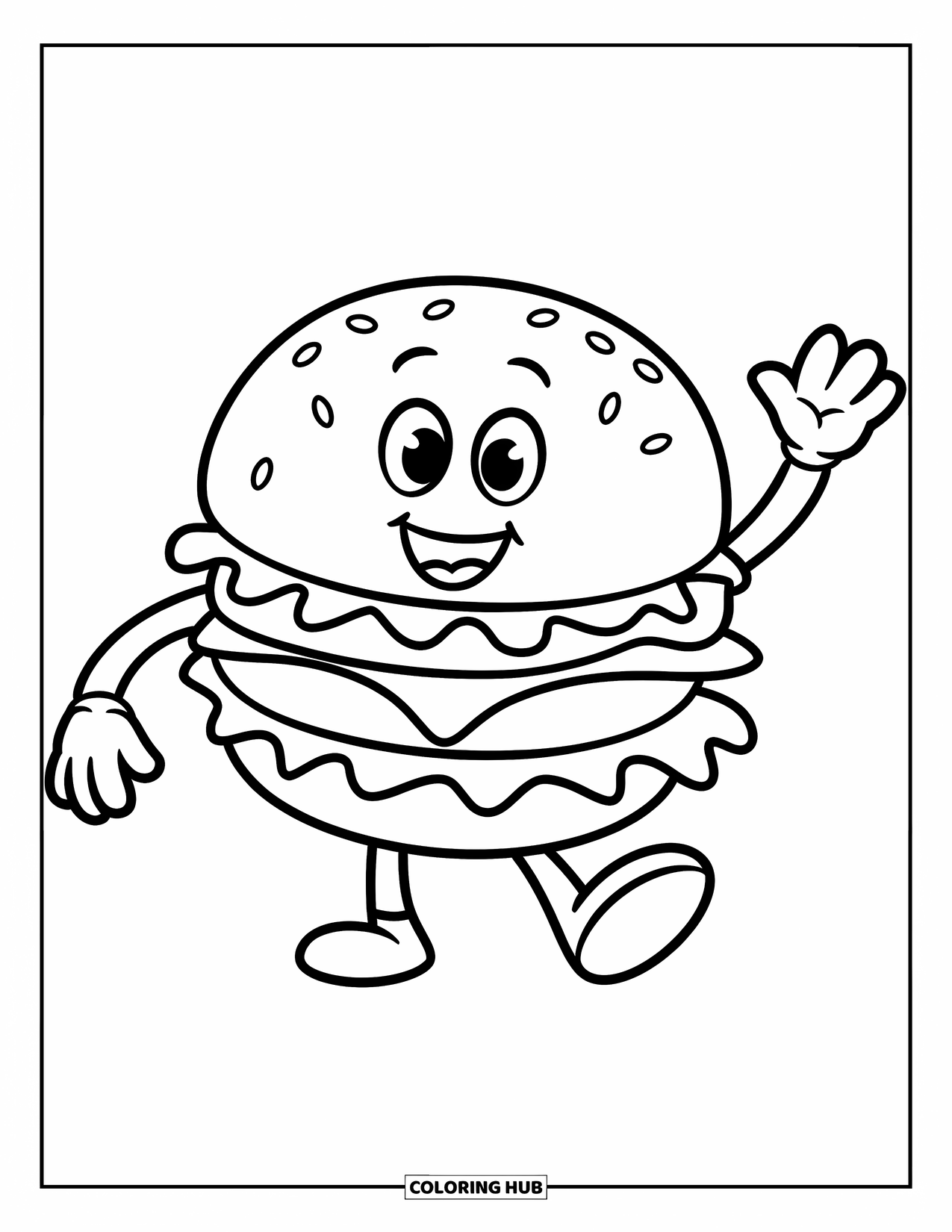Cheeseburger Coloring Page for Kids: A cheerful cartoon cheeseburger with arms and legs waving excitedly