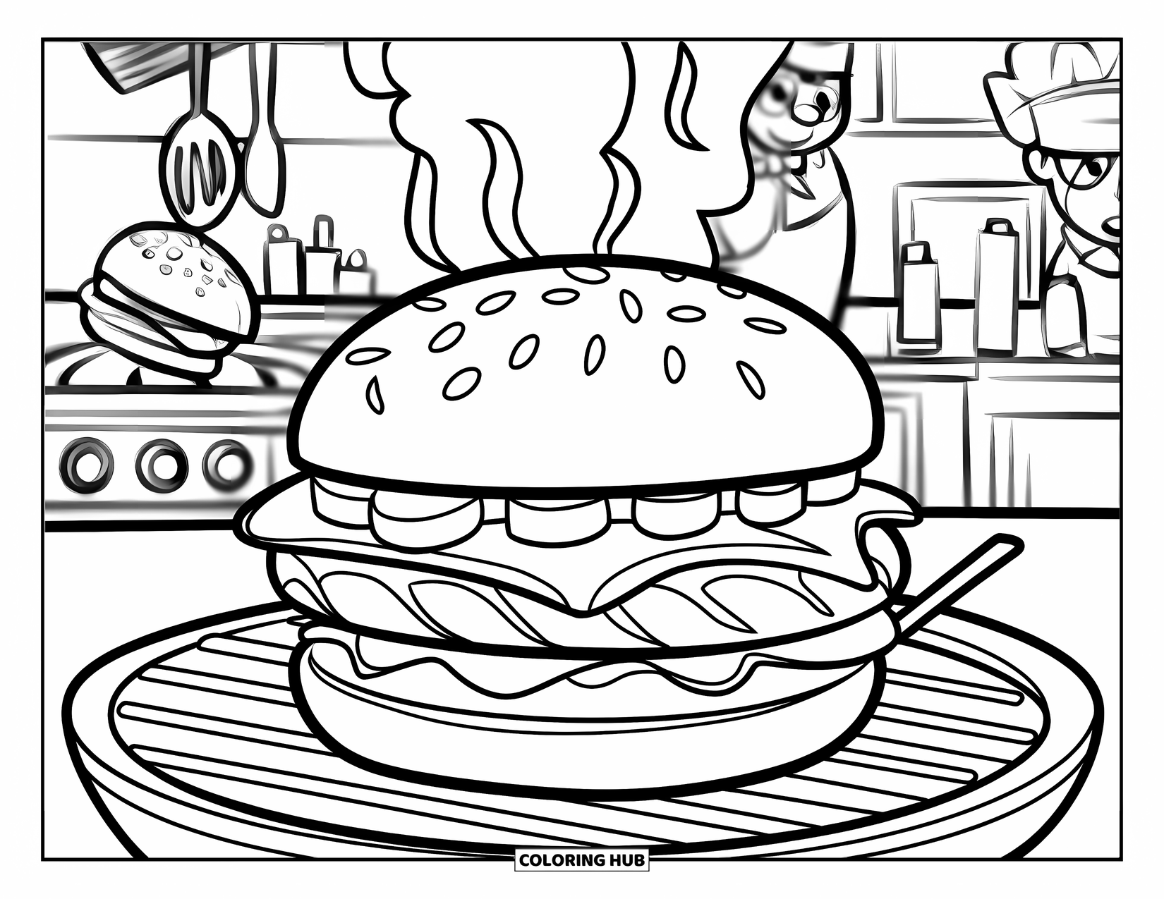 Cheeseburger Coloring Page for Kids: A cheeseburger being grilled with smoke rising, set in a lively kitchen
