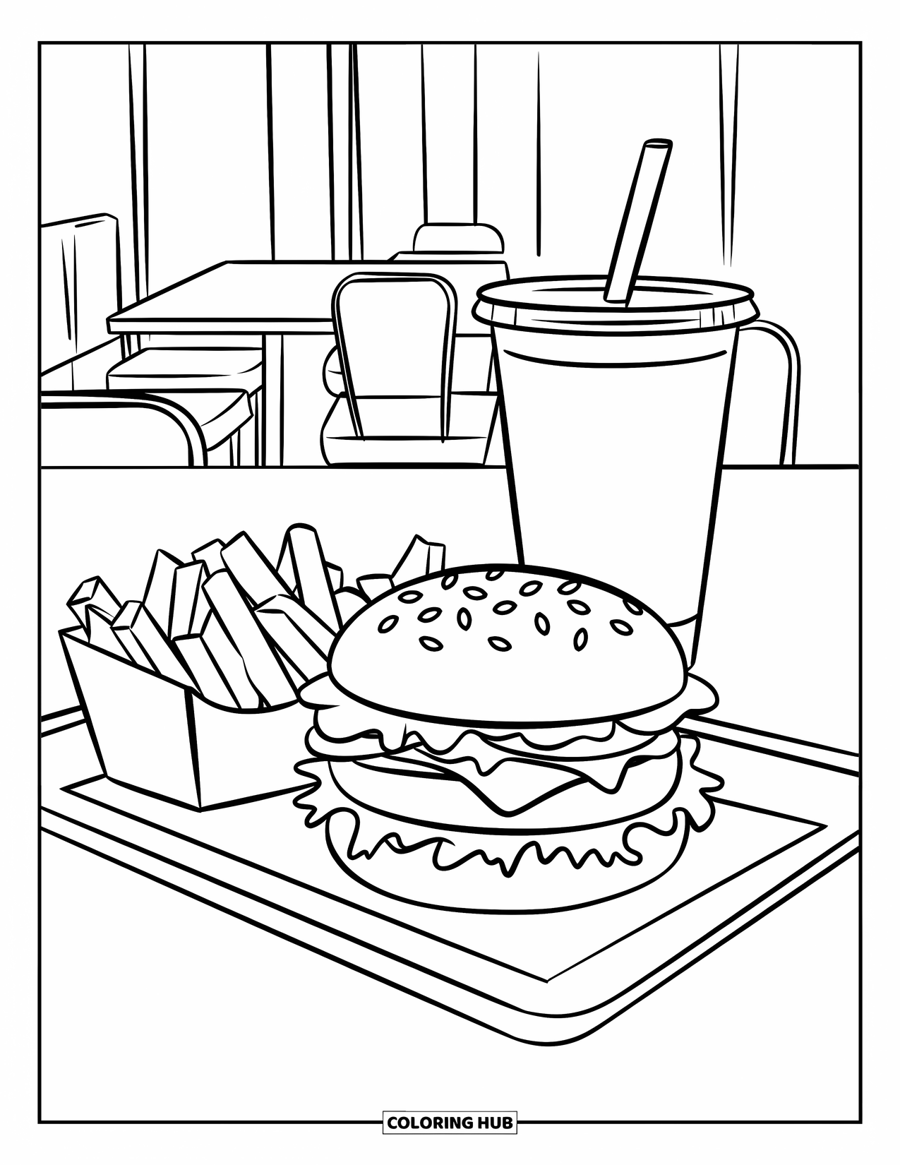 Cheeseburger Coloring Page for Kids: A cheeseburger, fries, and a drink on a tray in a classic diner setting