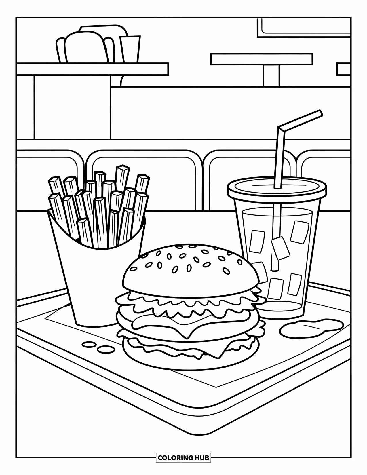 Cheeseburger Coloring Page for Kids: A cheeseburger, fries, and a drink on a tray with a counter and chairs in a diner
