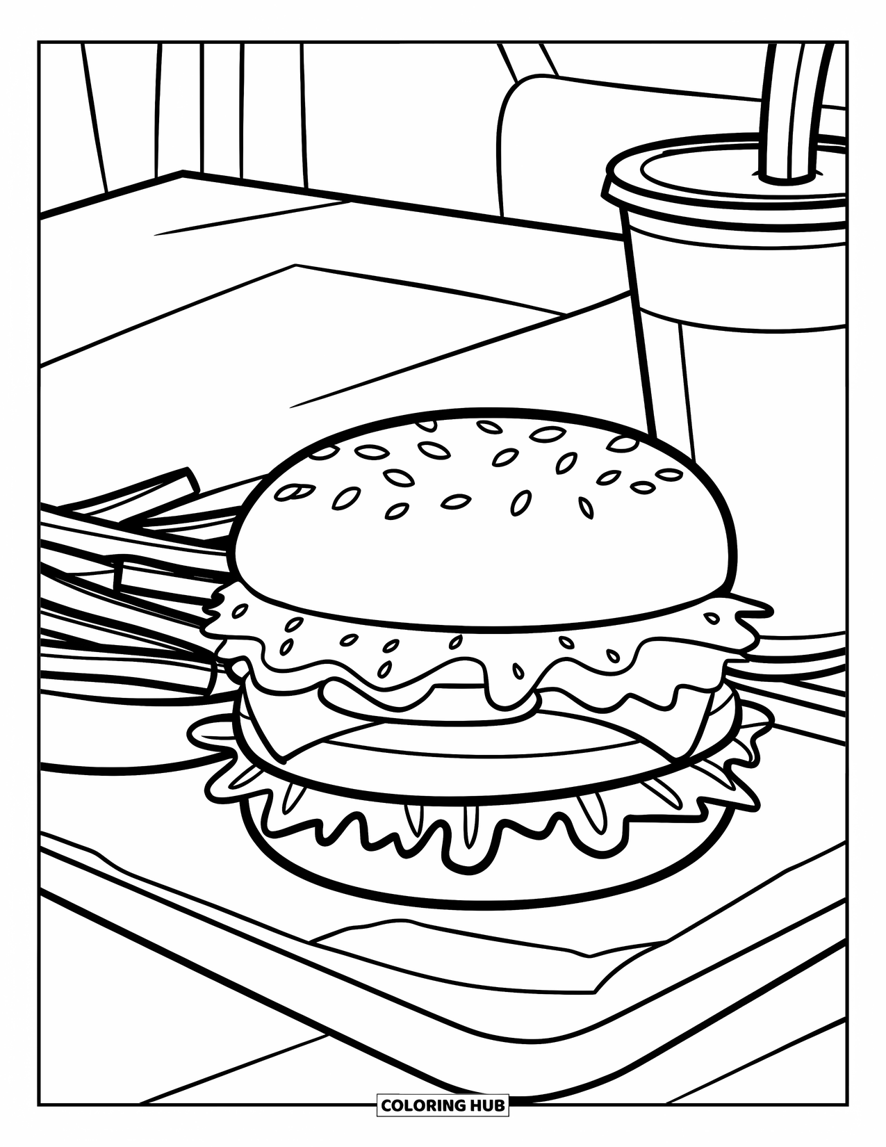 Cheeseburger Coloring Page for Kids: A cheeseburger, fries, and a drink on a tray with a diner background