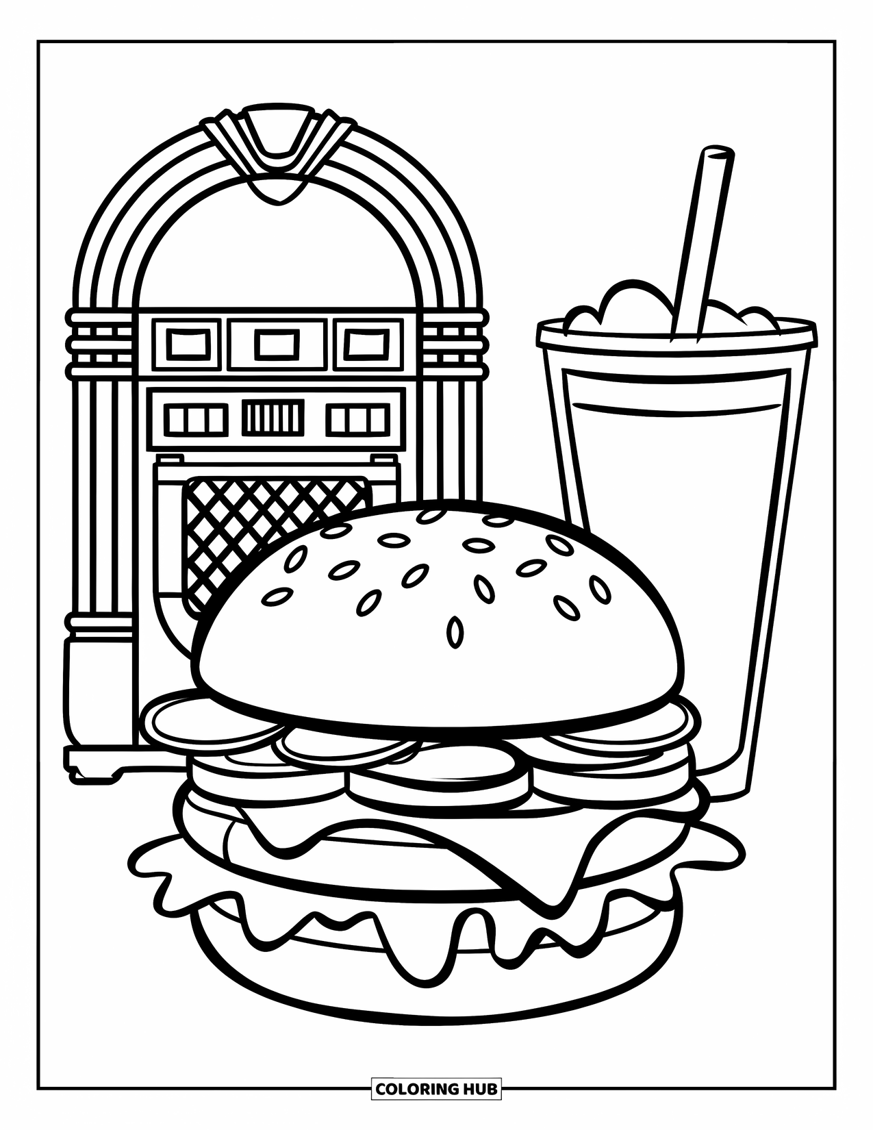 Cheeseburger Coloring Page for Kids: A cheeseburger in a 1950s diner setting with a jukebox and soda beside it