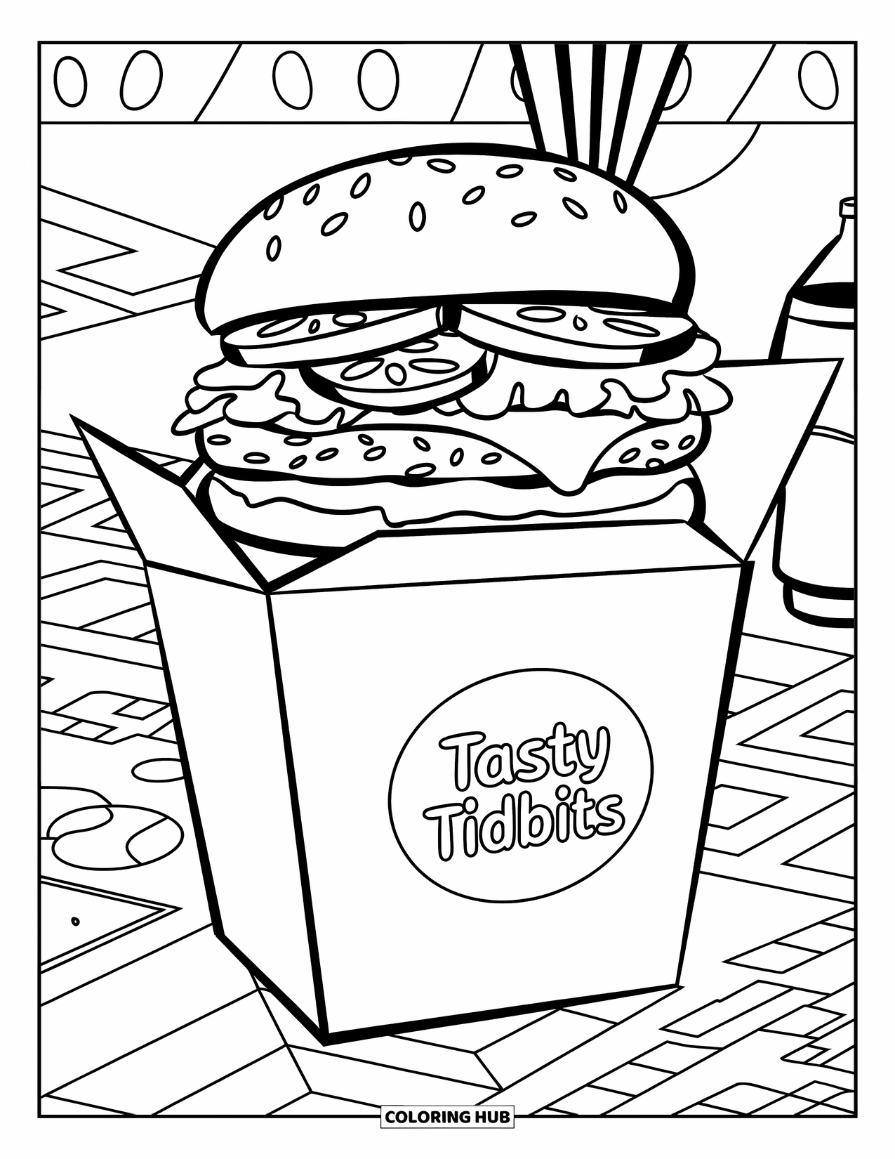 Cheeseburger Coloring Page for Kids: A cheeseburger in a takeout box labeled "Tasty Tidbits," with fries and a soda nearby
