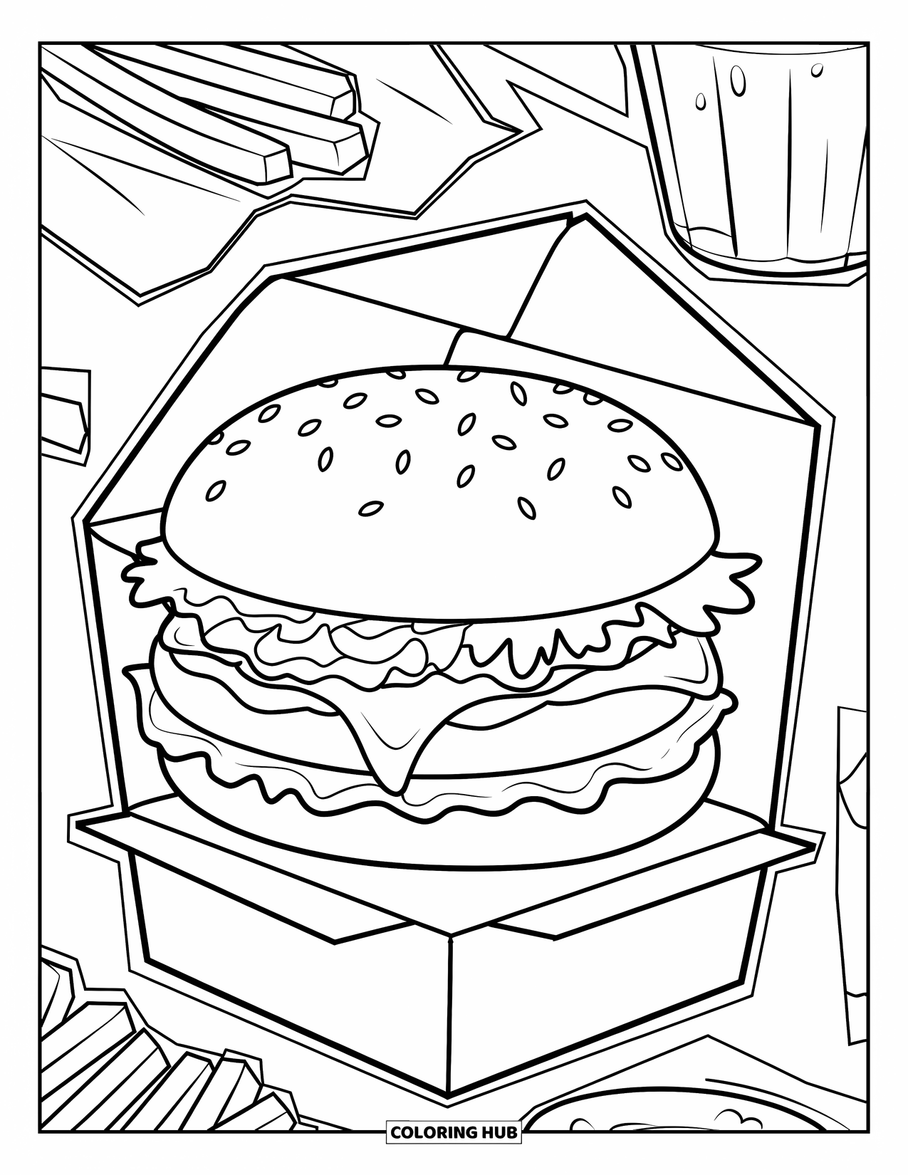 Cheeseburger Coloring Page for Kids: A cheeseburger in a takeout box with a patterned background featuring fries and a soda