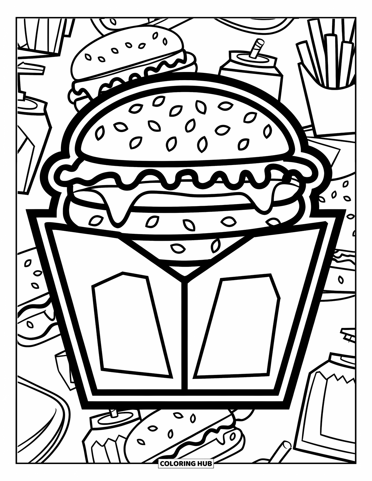 Cheeseburger Coloring Page for Kids: A cheeseburger in a takeout box with food-themed decorations in the background