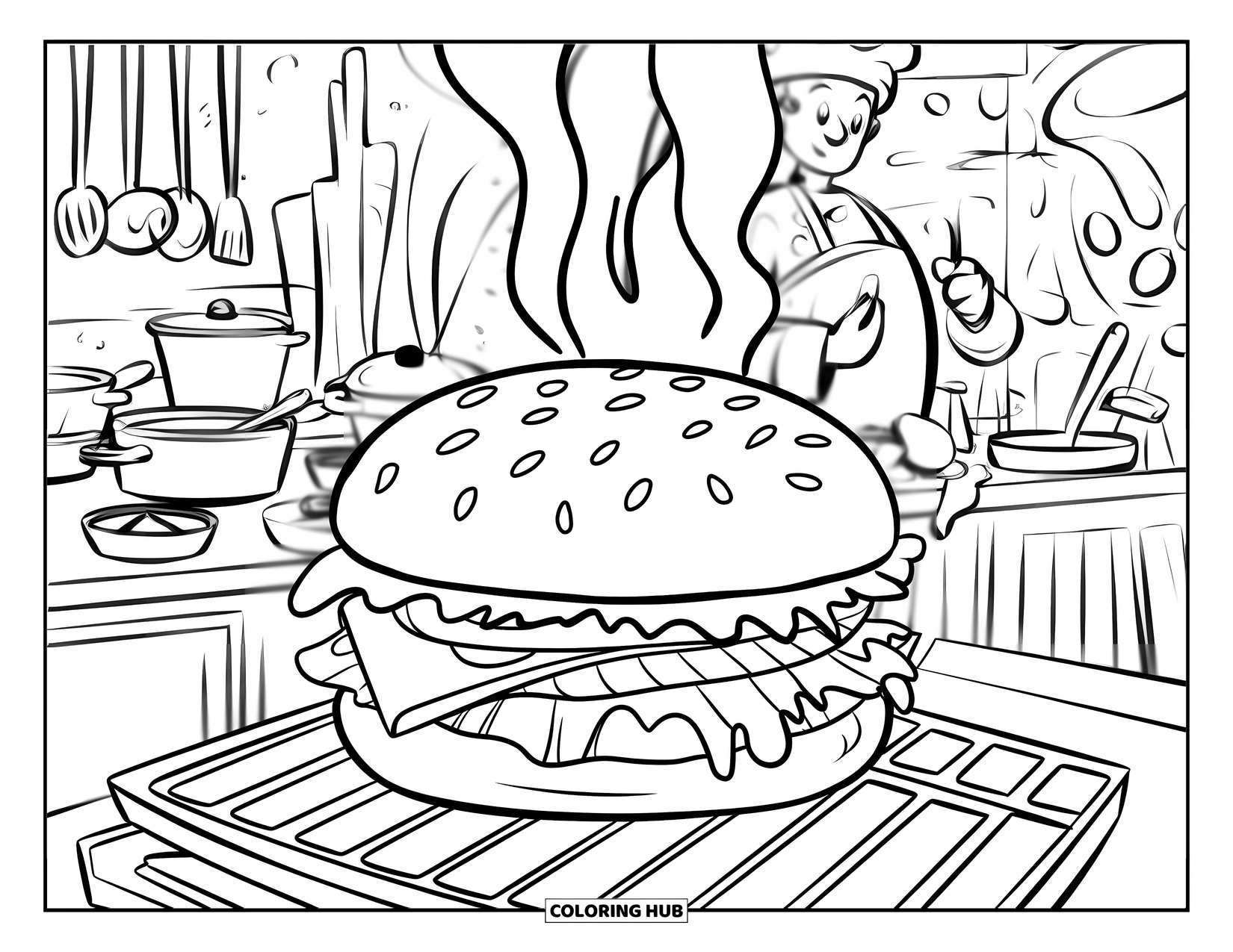 Cheeseburger Coloring Page for Kids: A cheeseburger on a grill with smoke rising and a kitchen scene in the background