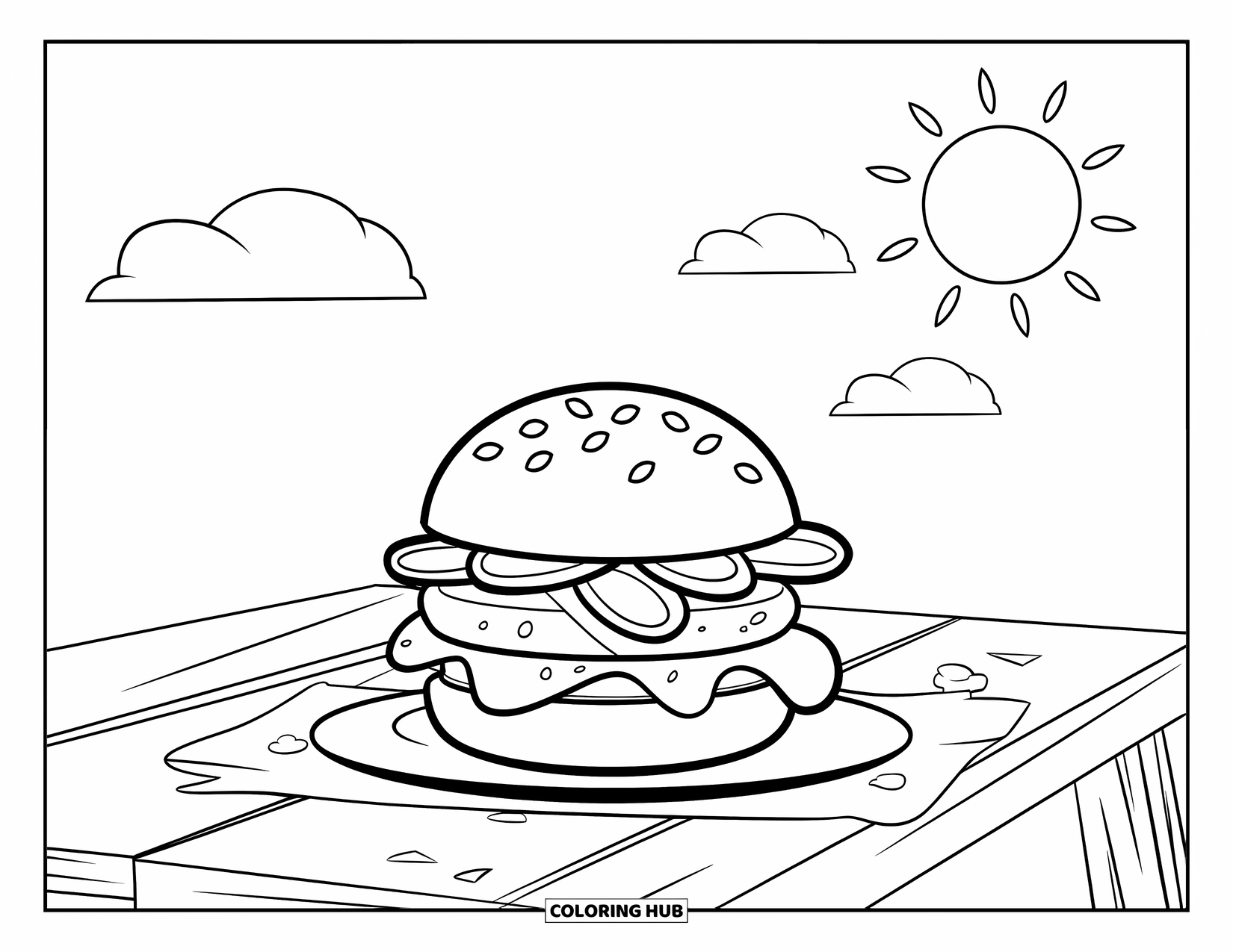 Cheeseburger Coloring Page for Kids: A cheeseburger on a picnic table with a bright sky, fluffy clouds, and a few crumbs nearby