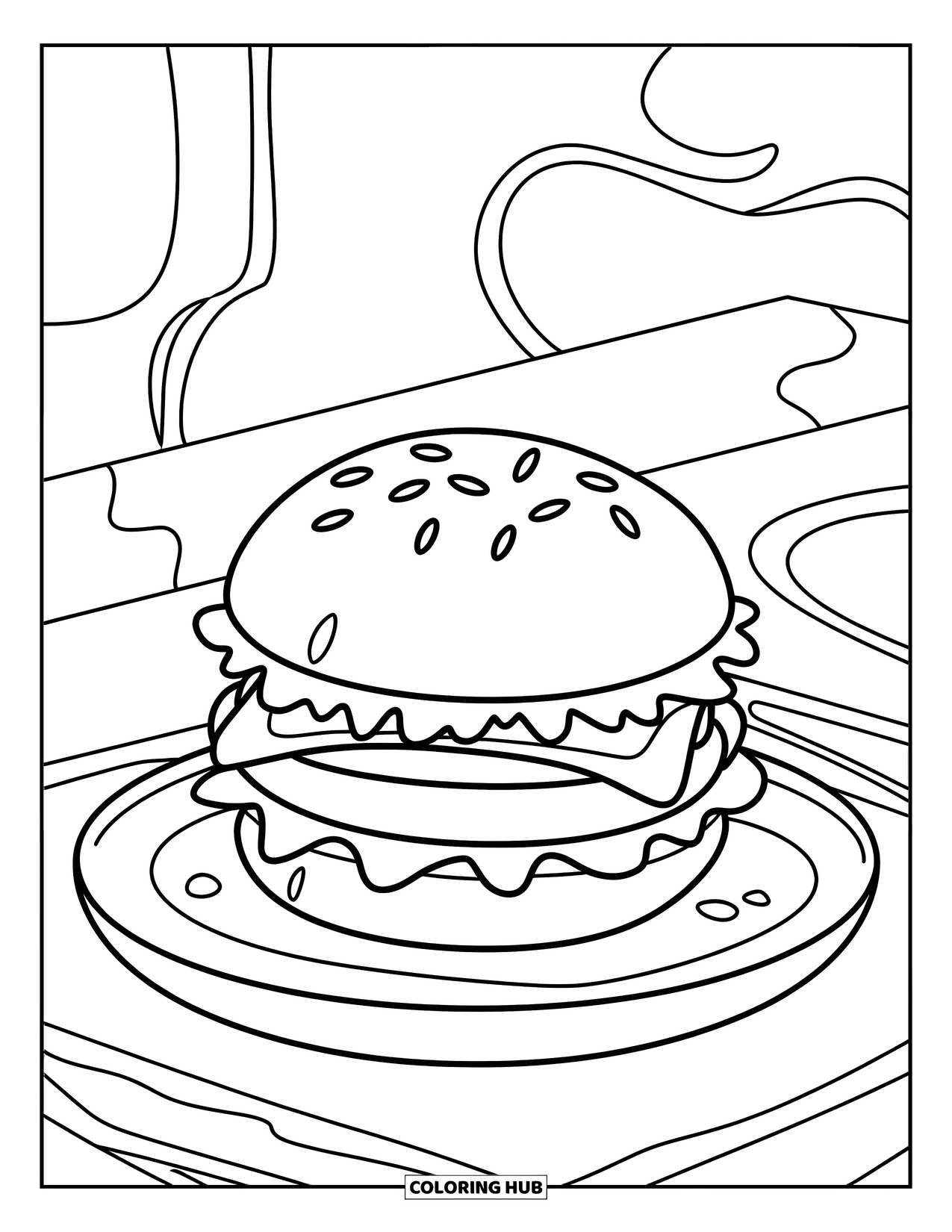 Cheeseburger Coloring Page for Kids: A cheeseburger on a plate with a few crumbs and a minimal background
