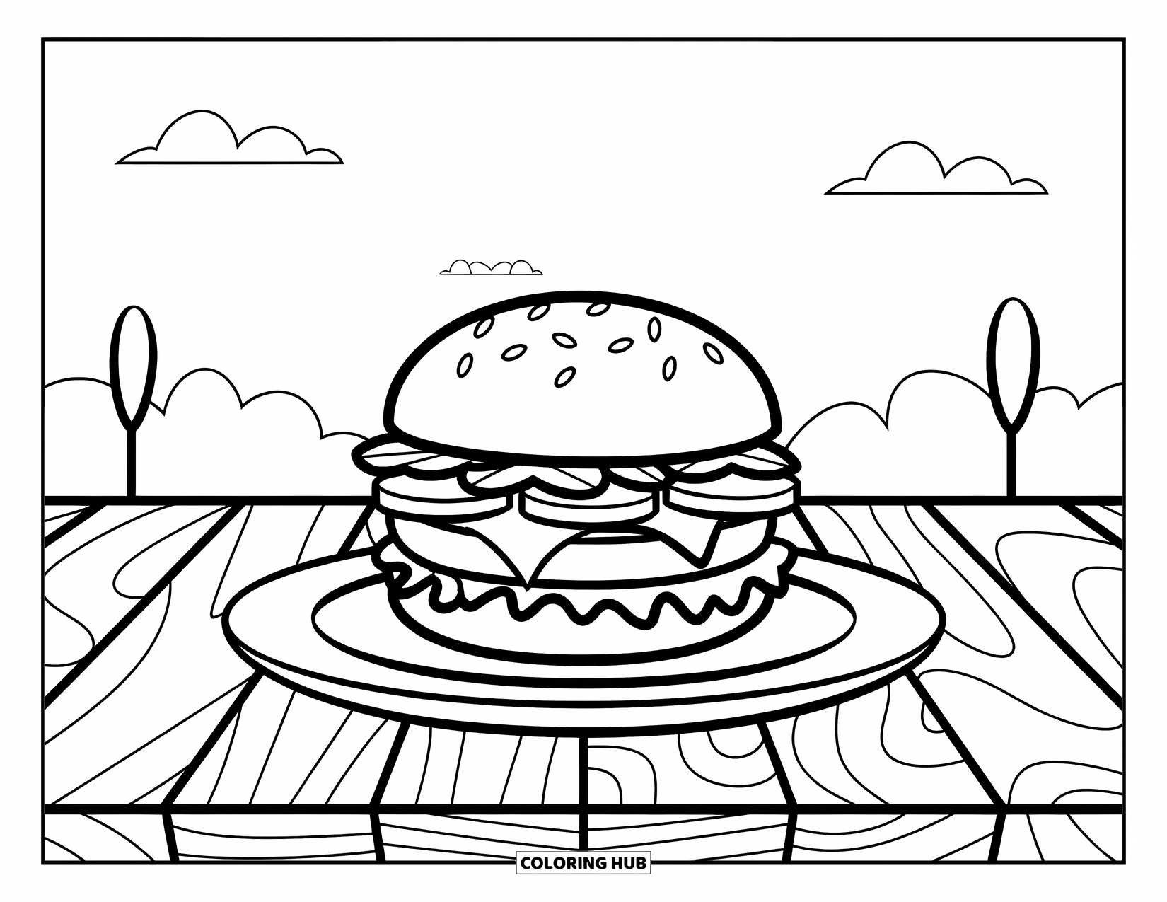 Cheeseburger Coloring Page for Kids: A cheeseburger on a white plate placed on a wooden picnic table with trees in the background