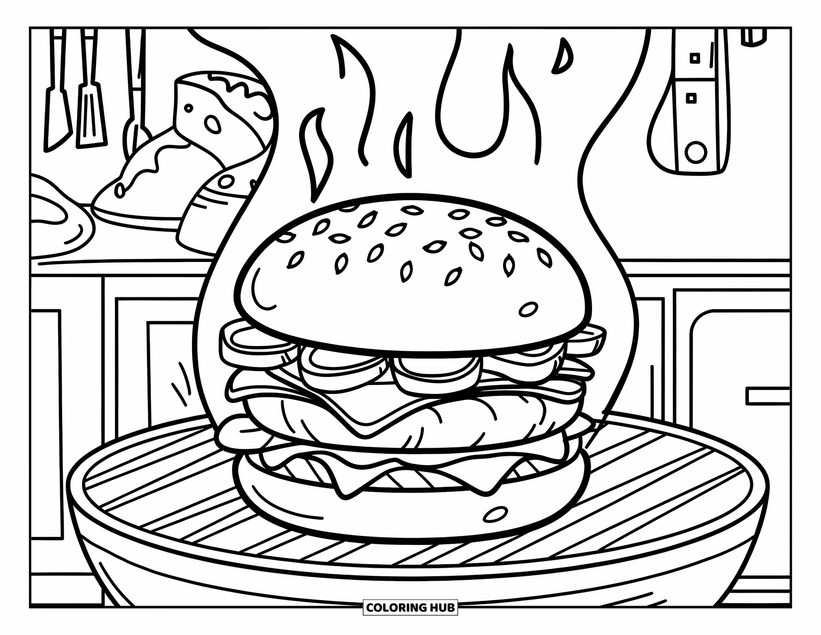 Cheeseburger Coloring Page for Kids: A cheeseburger on the grill with visible grill marks and smoke rising