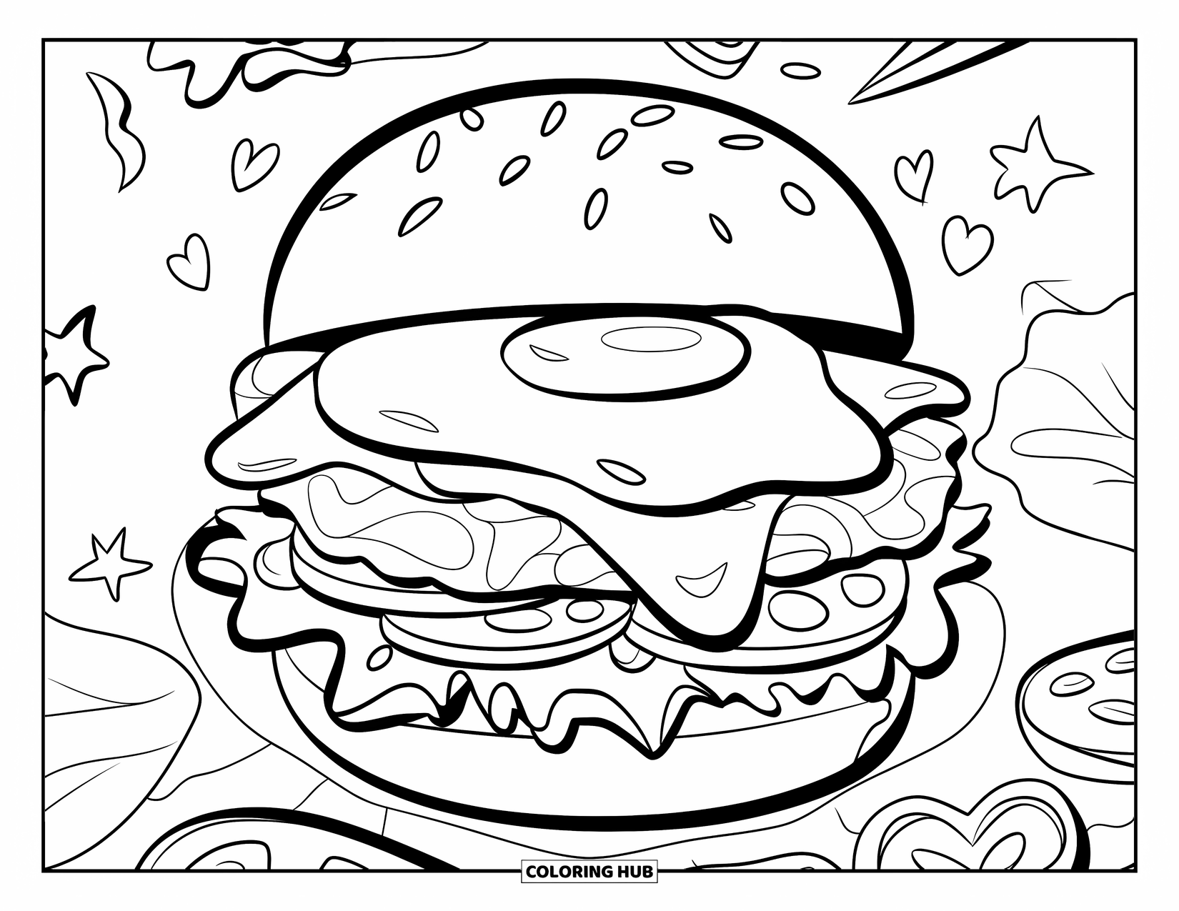 Cheeseburger Coloring Page for Kids: A cheeseburger topped with a sunny-side-up egg, surrounded by fun doodles