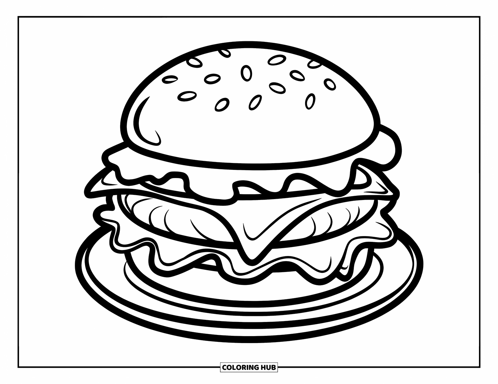 Cheeseburger Coloring Page for Kids: A cheeseburger with a bun, cheese, lettuce, and patty sitting on a plate