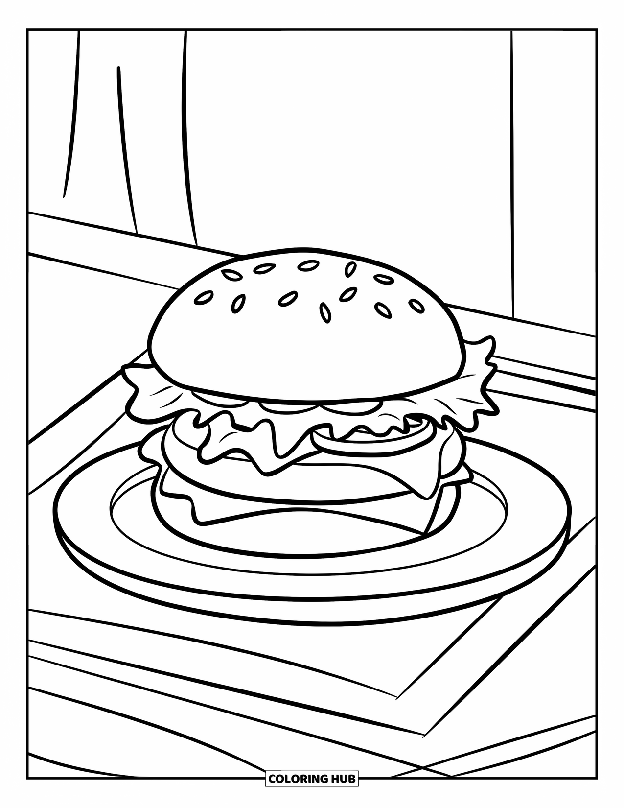 Cheeseburger Coloring Page for Kids: A cheeseburger with a bun, patty, cheese, and toppings on a simple plate