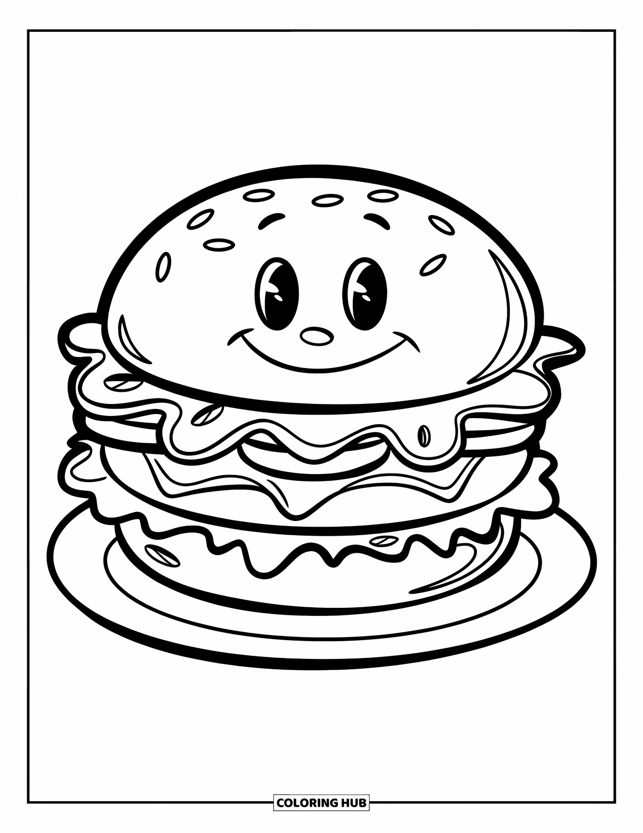 Cheeseburger Coloring Page for Kids: A cheeseburger with a happy face on the bun, surrounded by simple toppings