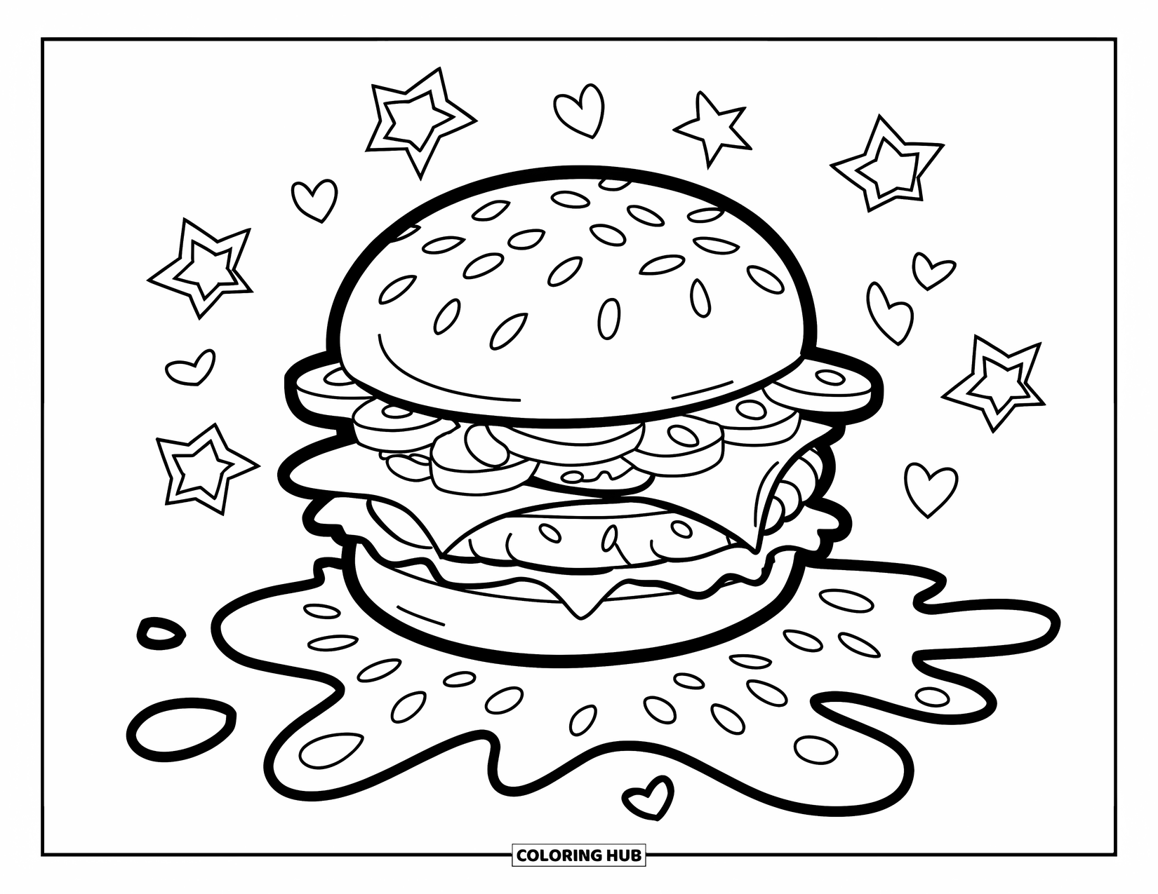 Cheeseburger Coloring Page for Kids: A cheeseburger with a messy look, surrounded by stars and hearts