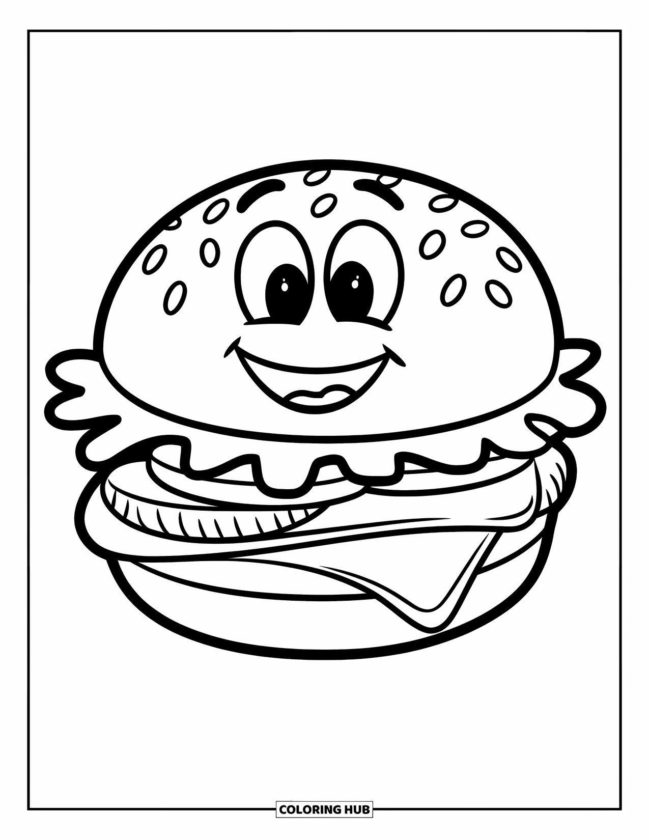Cheeseburger Coloring Page for Kids: A cheeseburger with a smiling bun, lettuce, cheese, and tomato