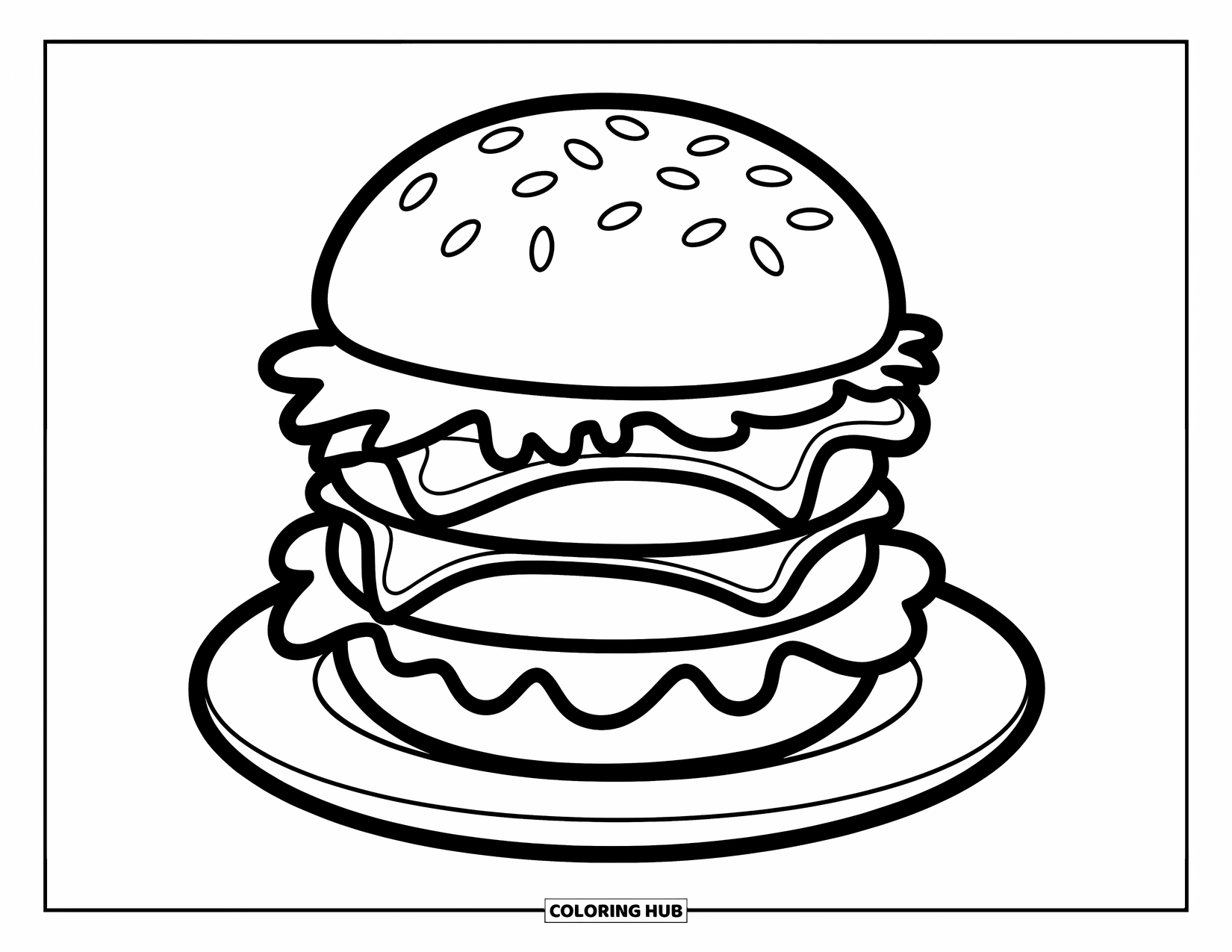 Cheeseburger Coloring Page for Kids: A cheeseburger with cheese, lettuce, and a patty placed on a plate