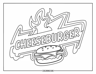 Fargeleggingsark med osteburgere for barn: En osteburg med flammer og fet "Cheeseburger"-tekst i et skiltlignende design