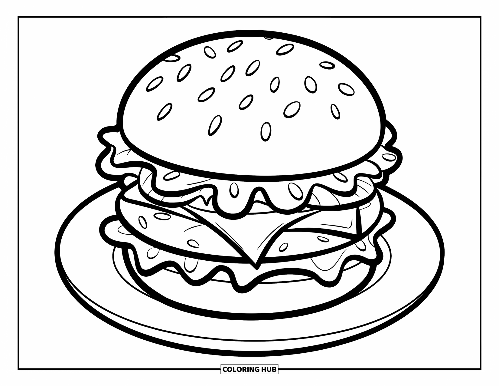 Cheeseburger Coloring Page for Kids: A cheeseburger with four layers sitting on a plate with a clean background