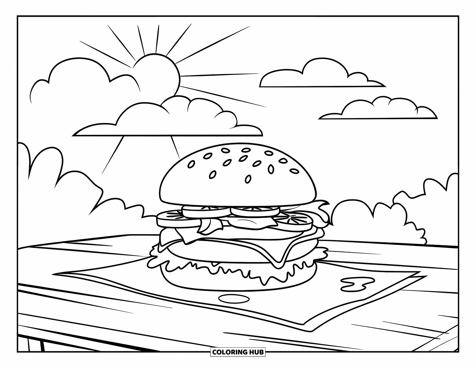 Cheeseburger Coloring Page for Kids: A cheeseburger with lettuce, tomato, and cheese on a picnic table under a bright sky