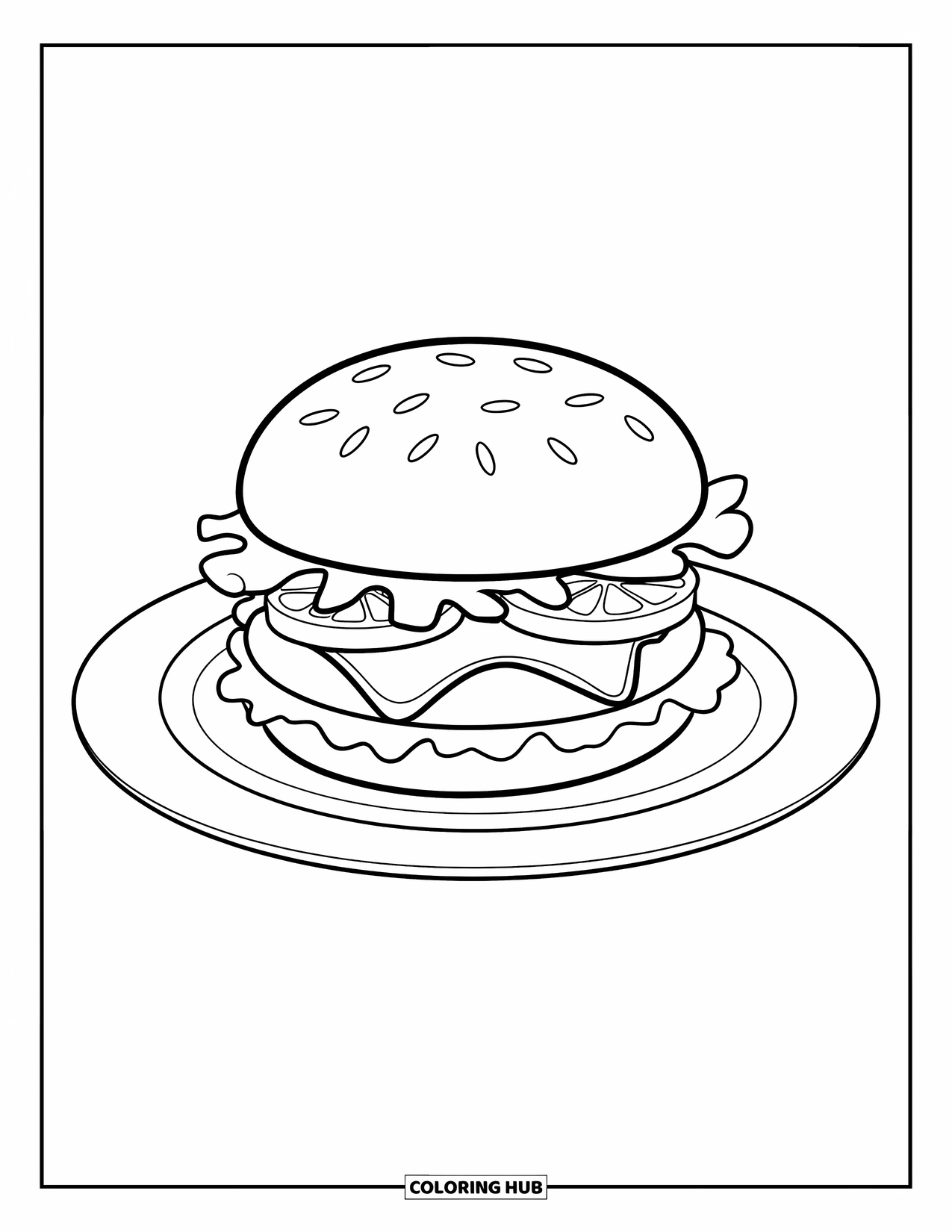 Cheeseburger Coloring Page for Kids: A cheeseburger with lettuce, tomato, and cheese sitting on a plain plate