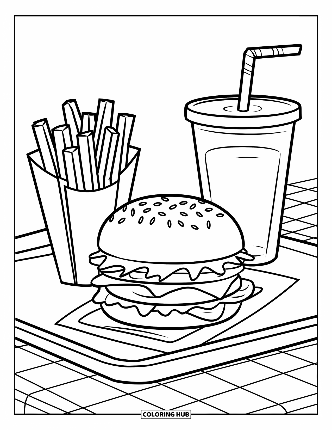 Cheeseburger Coloring Page for Kids: A cheeseburger with sesame seeds, fries in a cone, and a drink with a straw on a tray