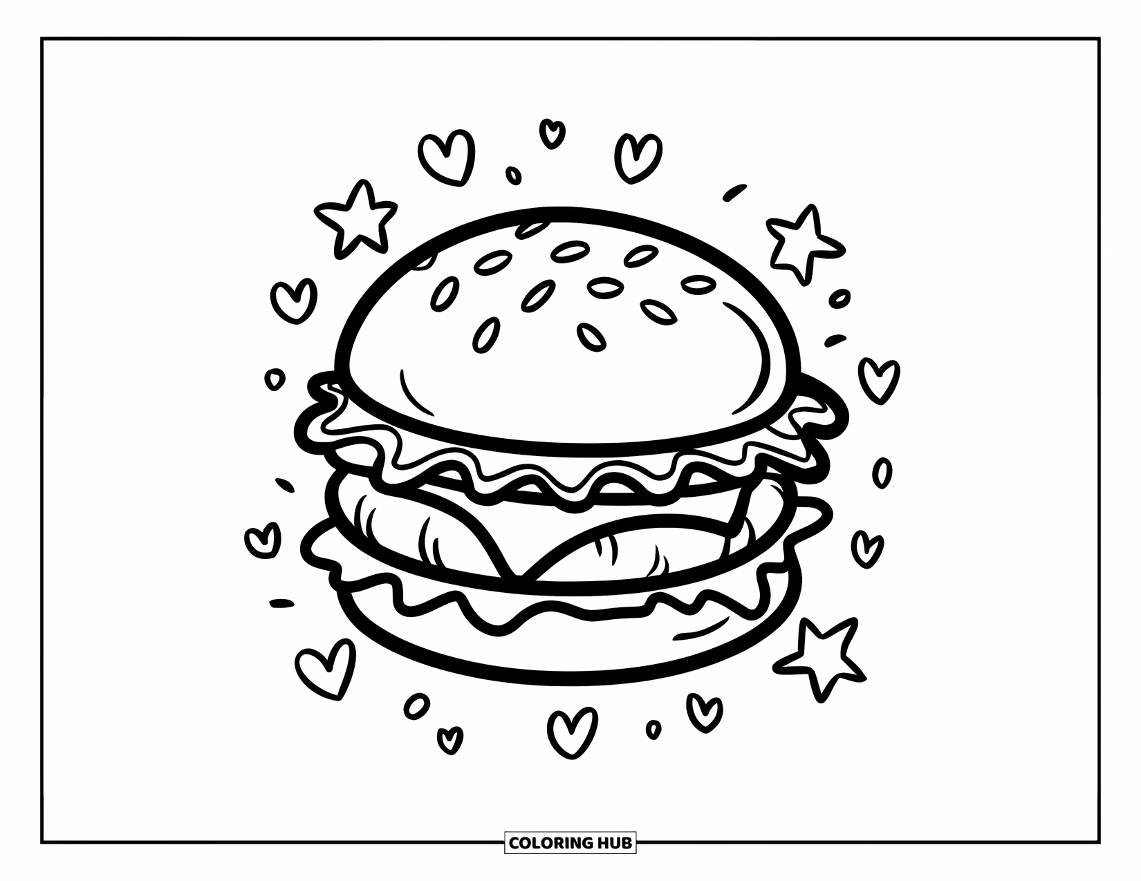 Cheeseburger Coloring Page for Kids: A cheeseburger with toppings spilling out, surrounded by playful doodles