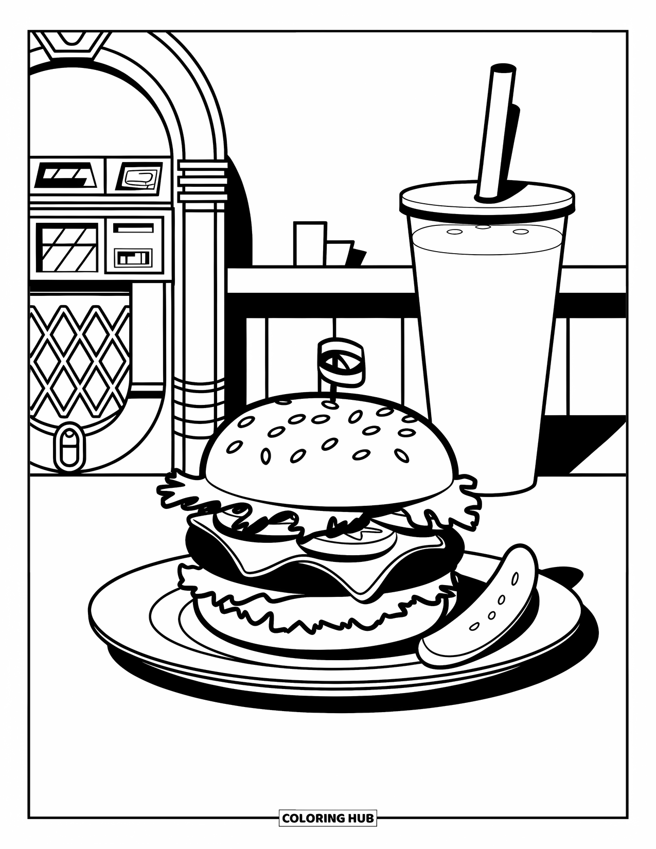 Cheeseburger Coloring Page for Kids: A classic cheeseburger with lettuce and tomato in a vintage diner scene
