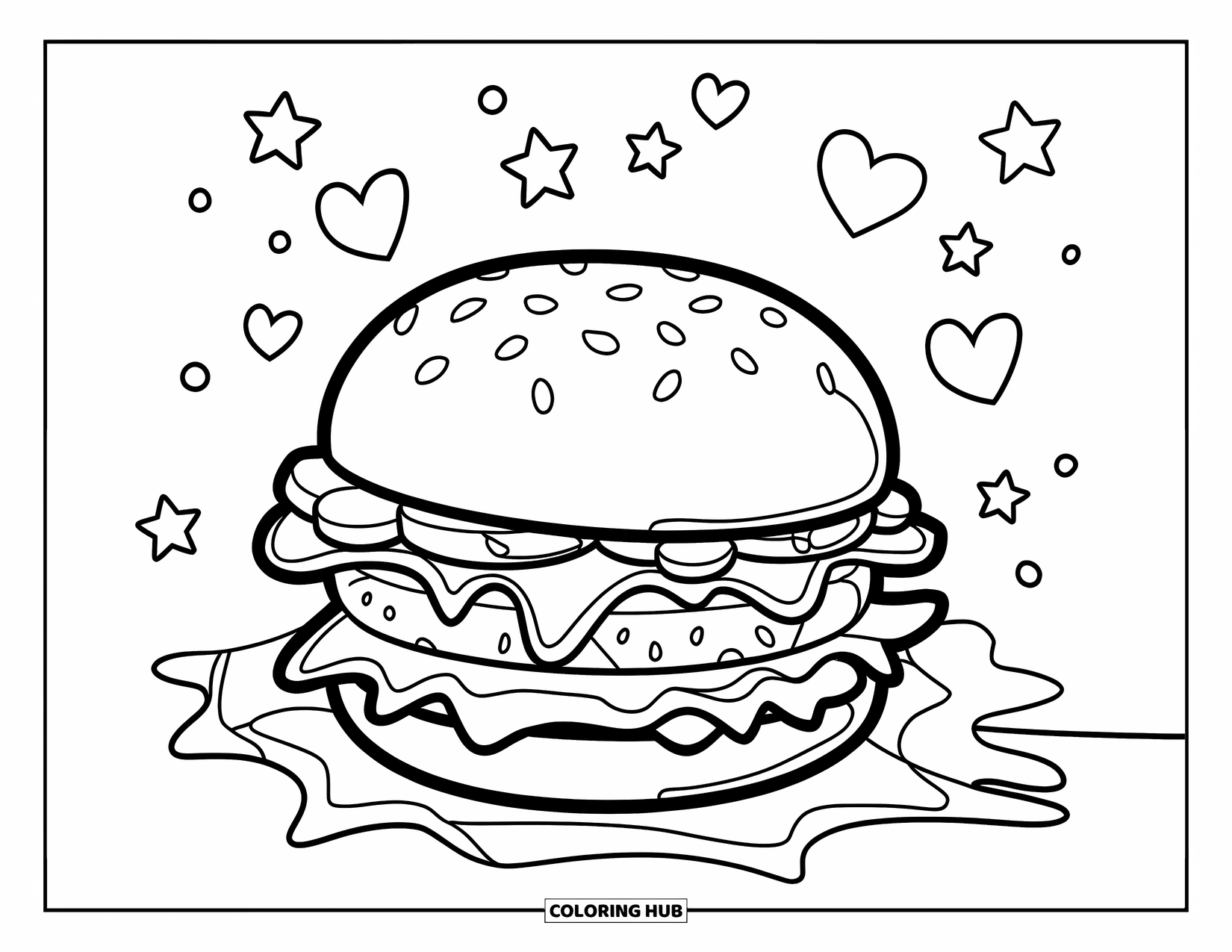 Cheeseburger Coloring Page for Kids: A close-up of a cheeseburger with toppings spilling out, surrounded by stars and hearts